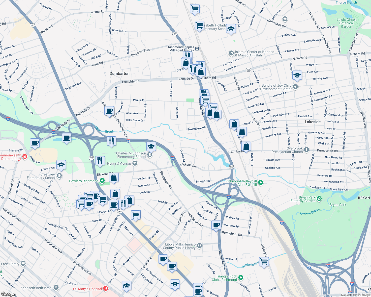 map of restaurants, bars, coffee shops, grocery stores, and more near 5413 Forest Brook Drive in Richmond