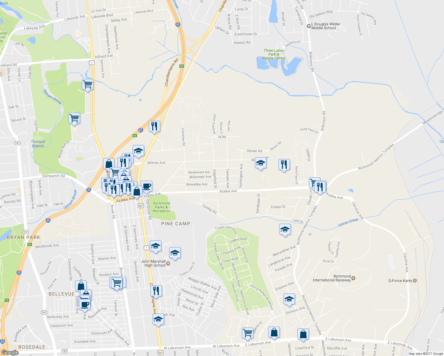 map of restaurants, bars, coffee shops, grocery stores, and more near 507 Willomett Avenue in Richmond
