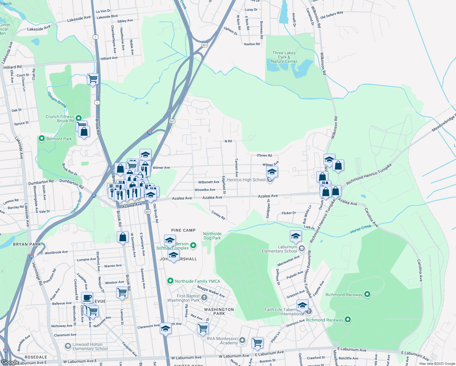 map of restaurants, bars, coffee shops, grocery stores, and more near 511 Willomett Avenue in Richmond