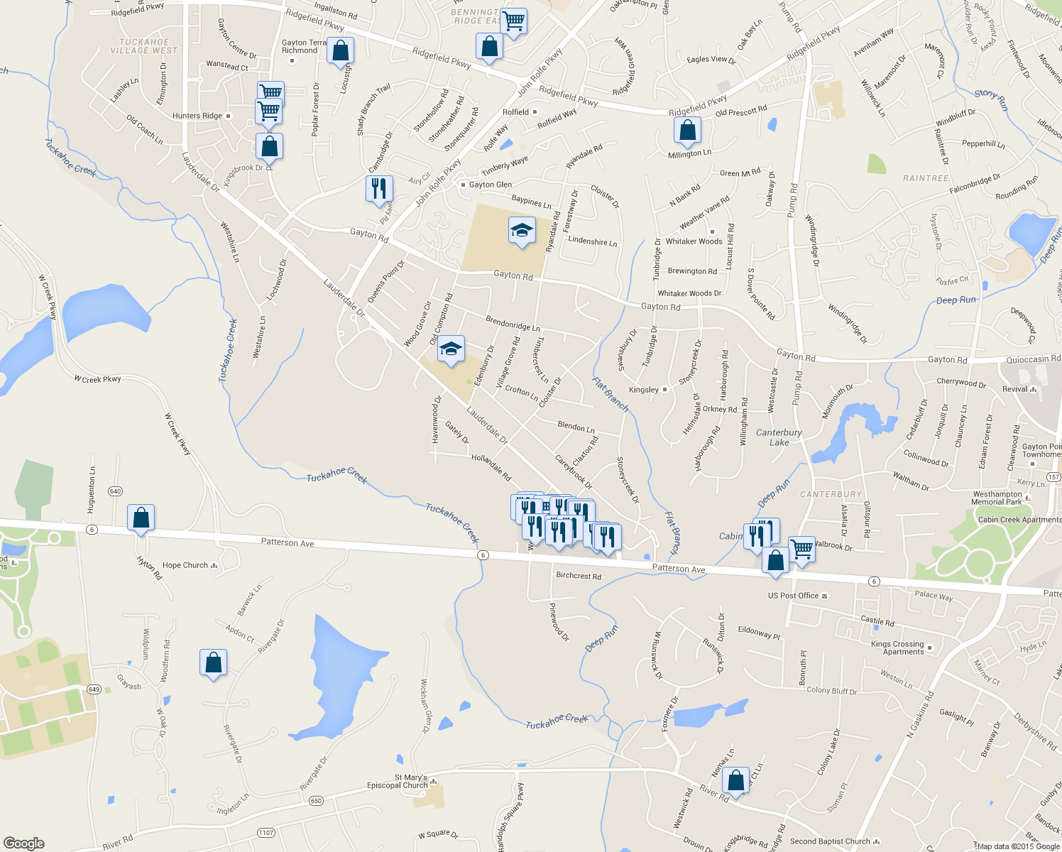 map of restaurants, bars, coffee shops, grocery stores, and more near 1609 Careybrook Drive in Henrico