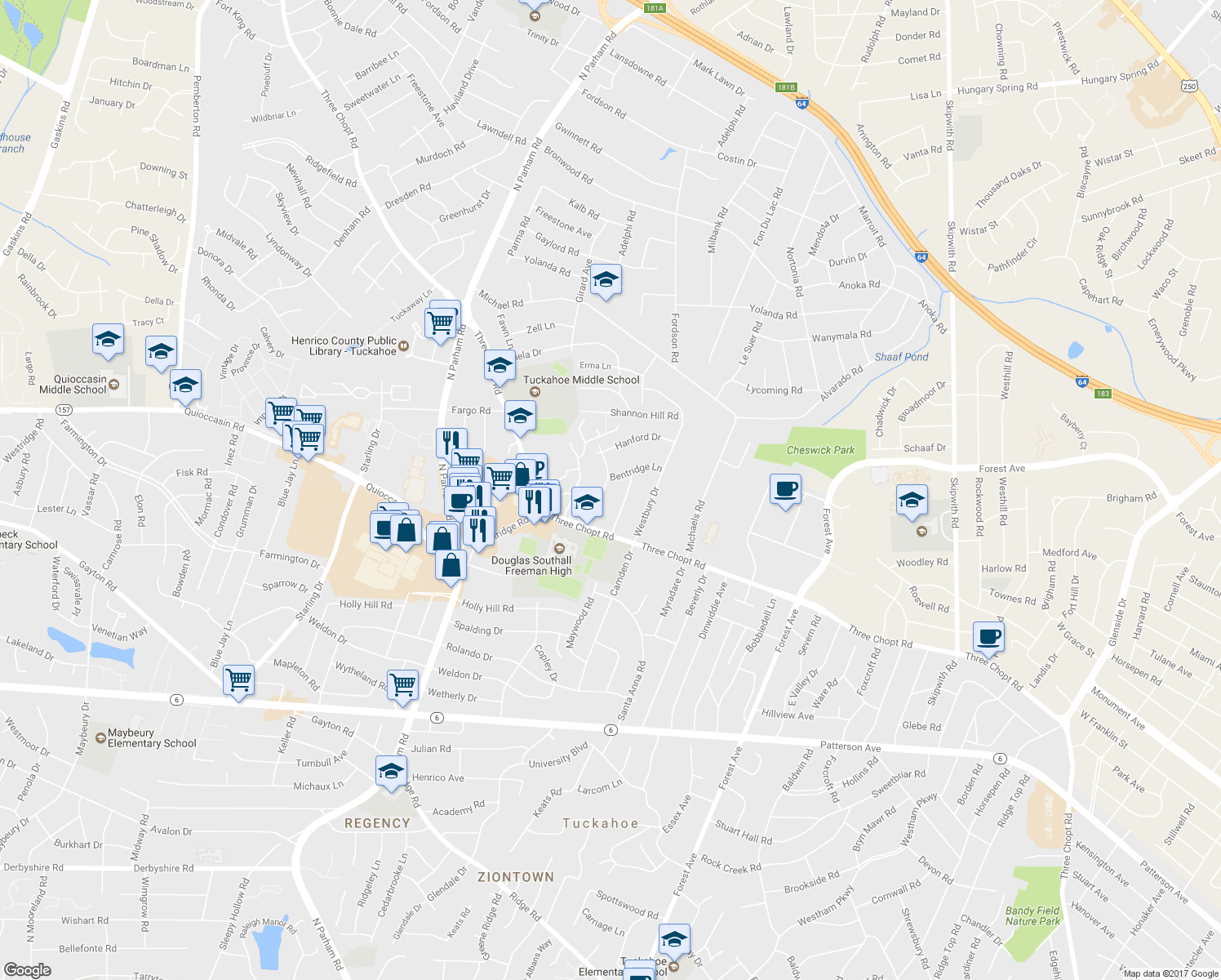 map of restaurants, bars, coffee shops, grocery stores, and more near 1517 Bexhill Road in Richmond