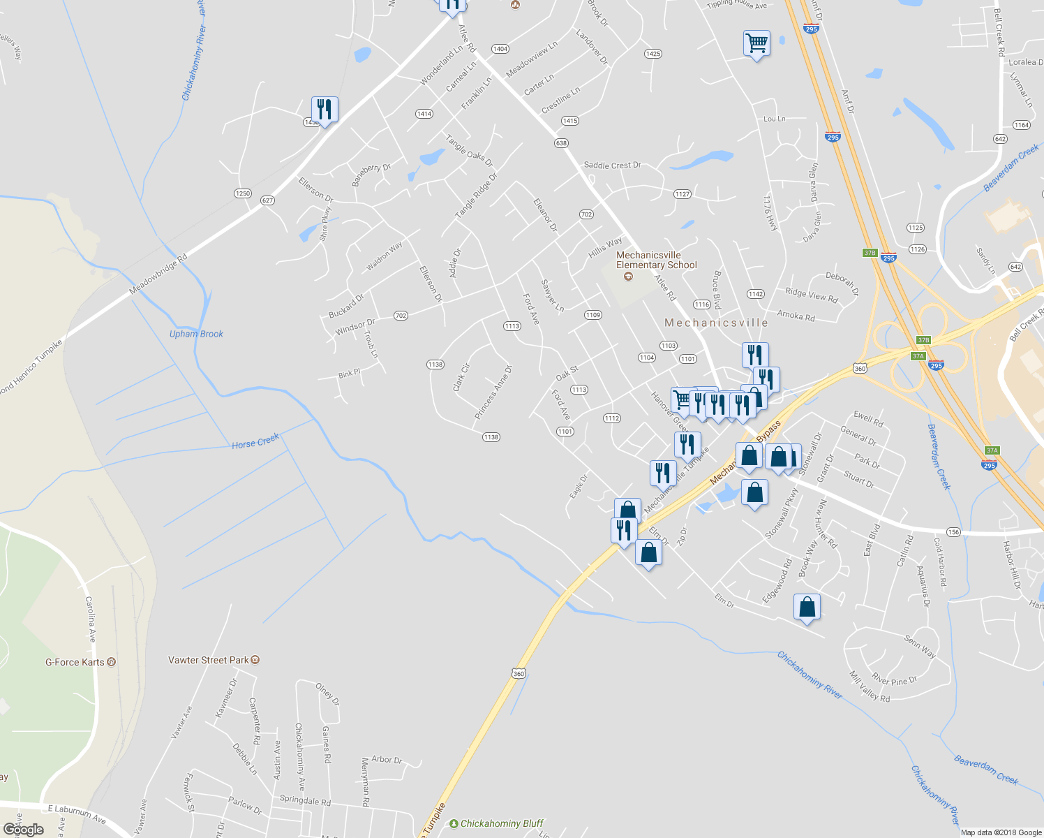 map of restaurants, bars, coffee shops, grocery stores, and more near 8230 Oak Street in Mechanicsville
