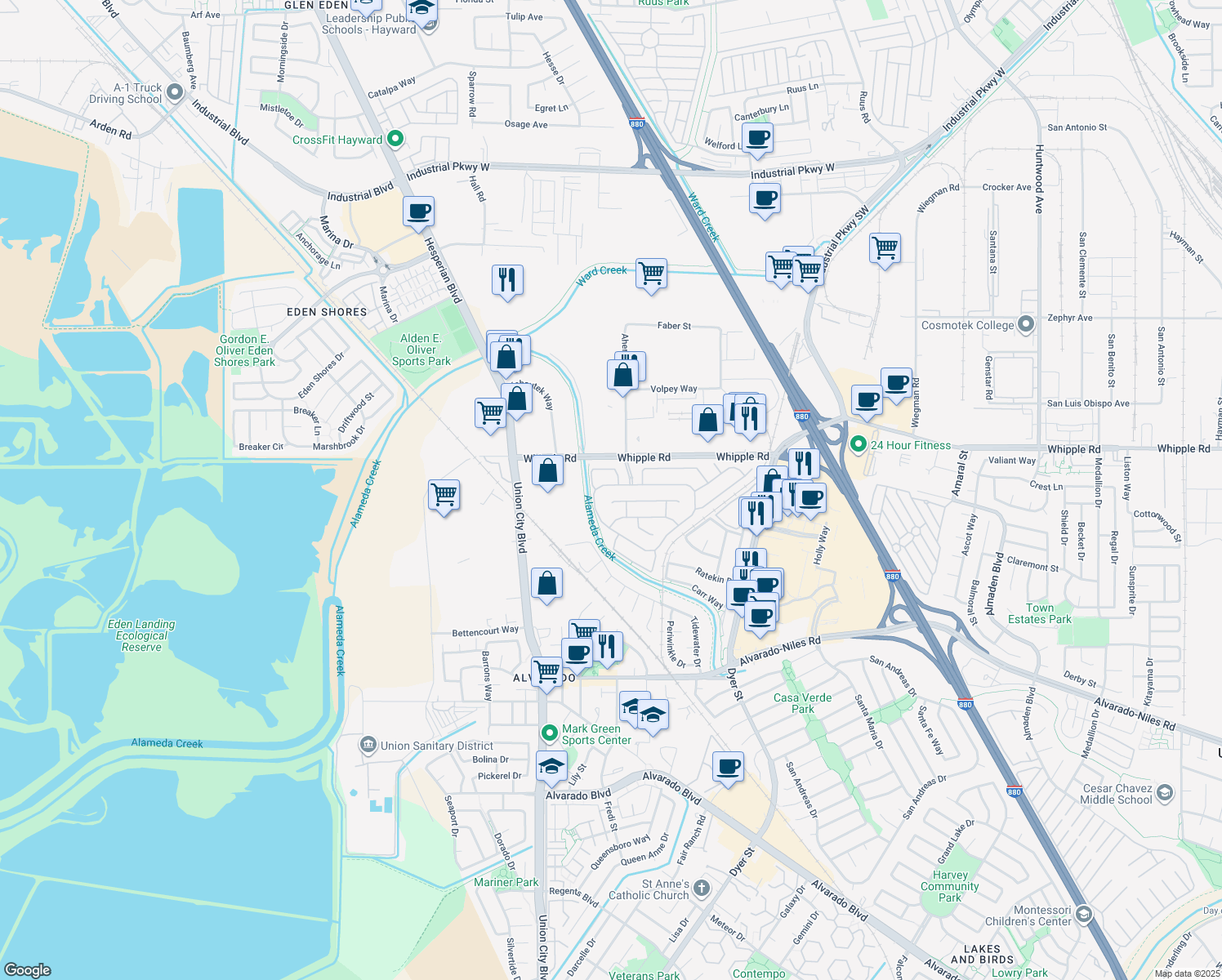 map of restaurants, bars, coffee shops, grocery stores, and more near 30355 Meridien Circle in Union City