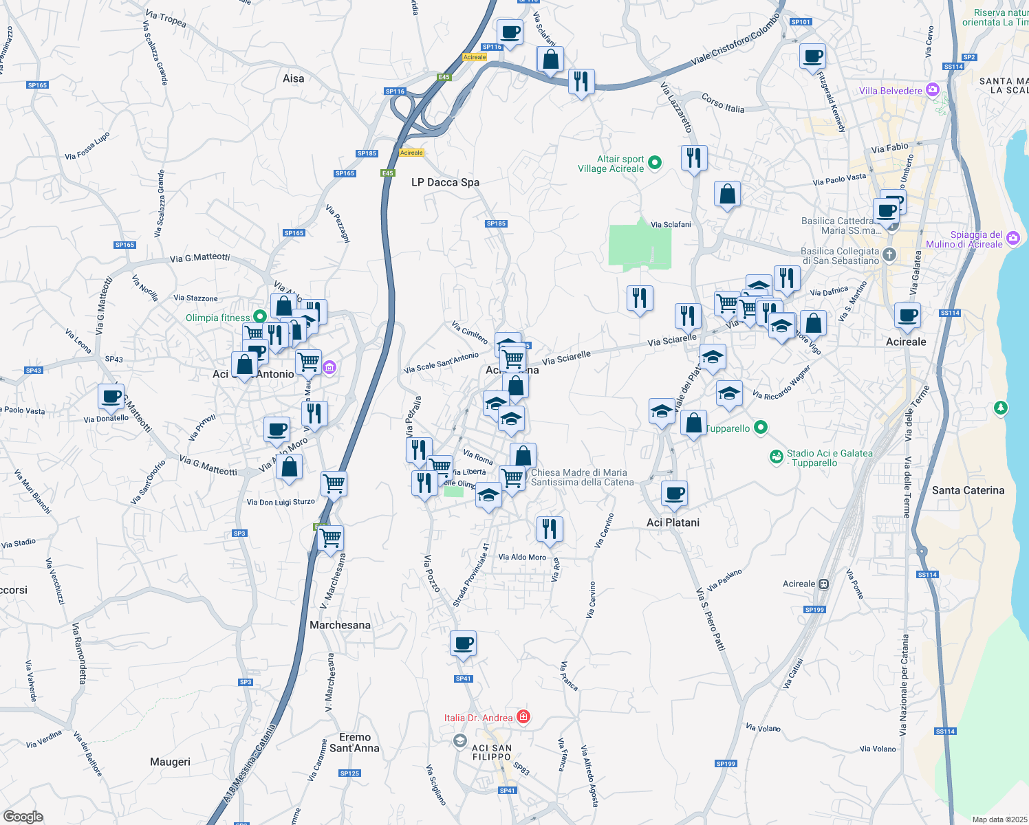 map of restaurants, bars, coffee shops, grocery stores, and more near 117 Via Vittorio Emanuele in Aci Catena