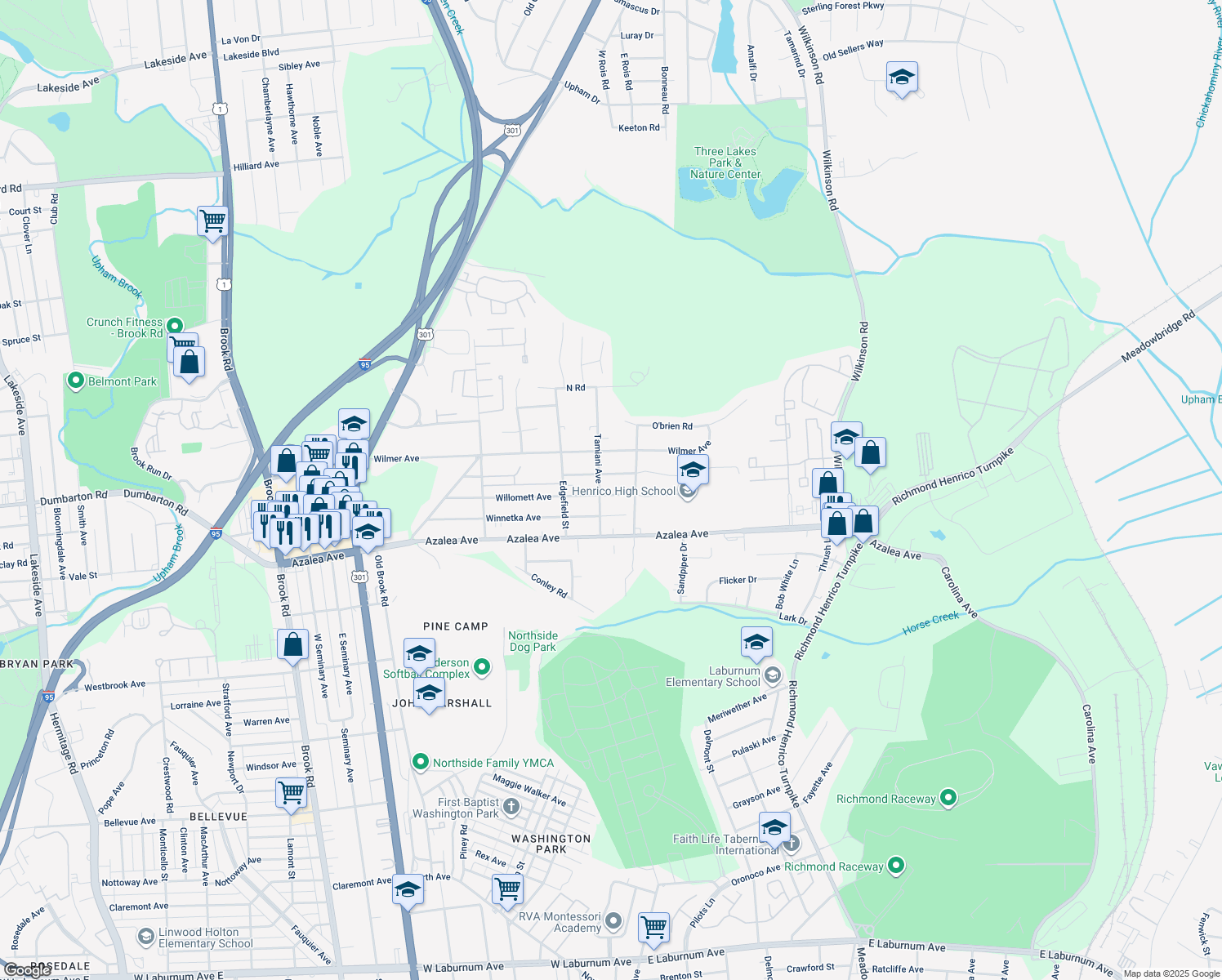 map of restaurants, bars, coffee shops, grocery stores, and more near 410 Willomett Avenue in Richmond