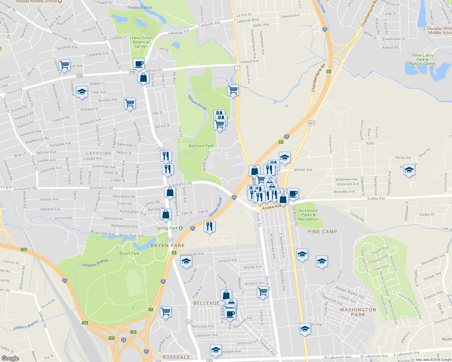 map of restaurants, bars, coffee shops, grocery stores, and more near 1220 Wilmer Avenue in Richmond