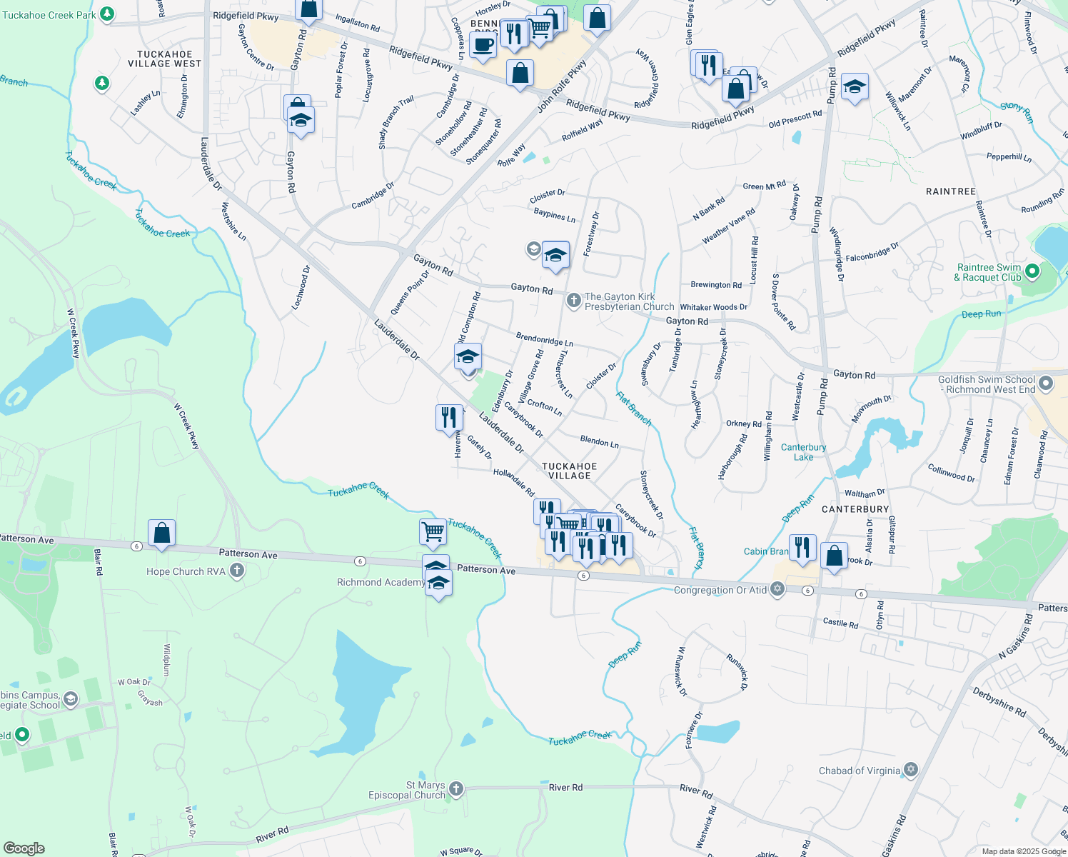 map of restaurants, bars, coffee shops, grocery stores, and more near 1705 Careybrook Drive in Henrico