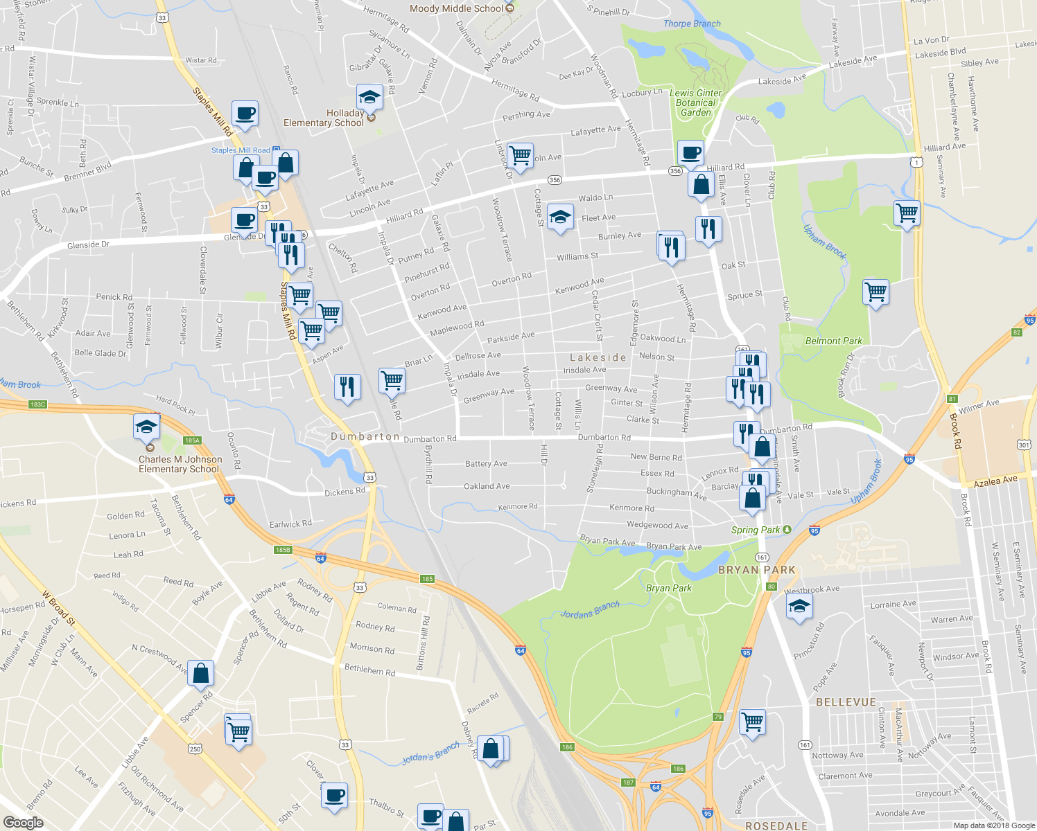 map of restaurants, bars, coffee shops, grocery stores, and more near 2803 Ginter Street in Richmond