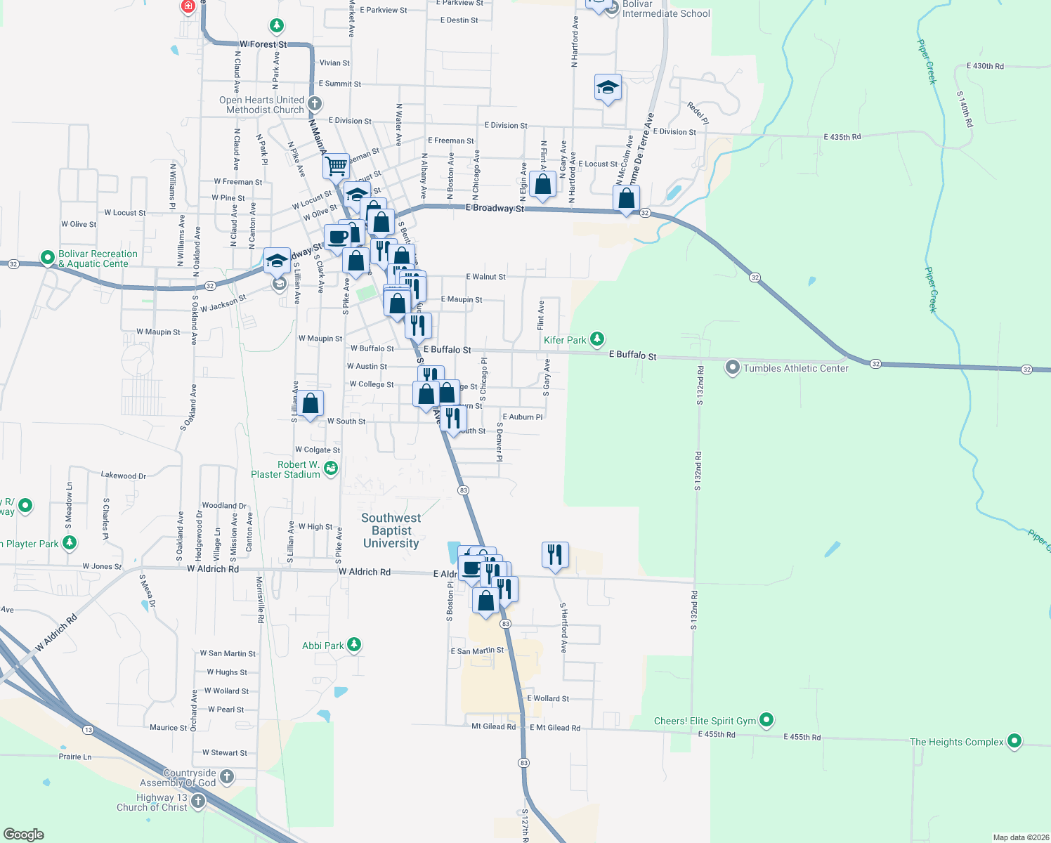 map of restaurants, bars, coffee shops, grocery stores, and more near 1012 E Auburn Pl in Bolivar