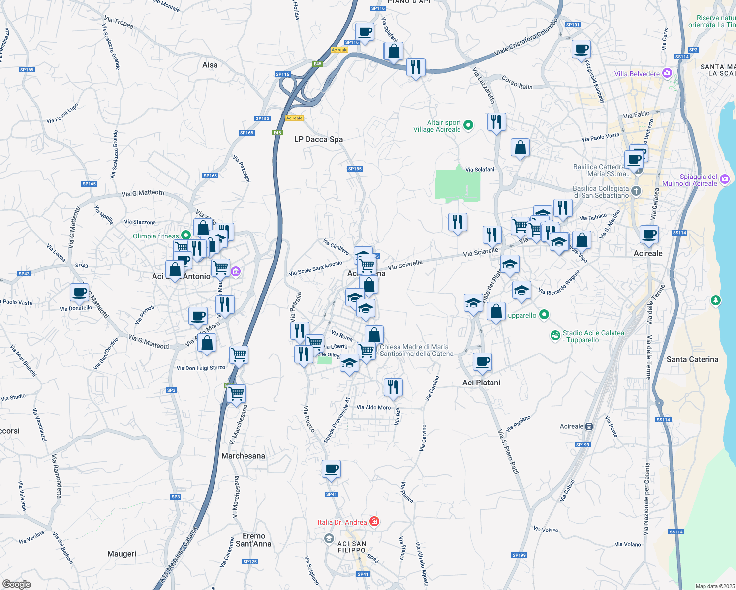 map of restaurants, bars, coffee shops, grocery stores, and more near 117 Via Vittorio Emanuele in Aci Catena
