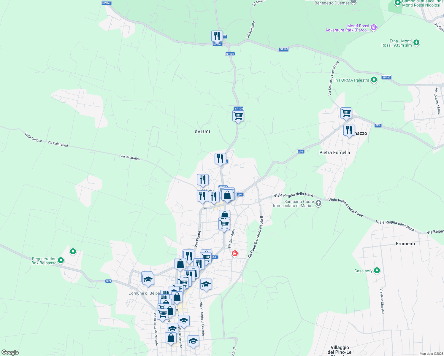 map of restaurants, bars, coffee shops, grocery stores, and more near 101 SP120 in Belpasso