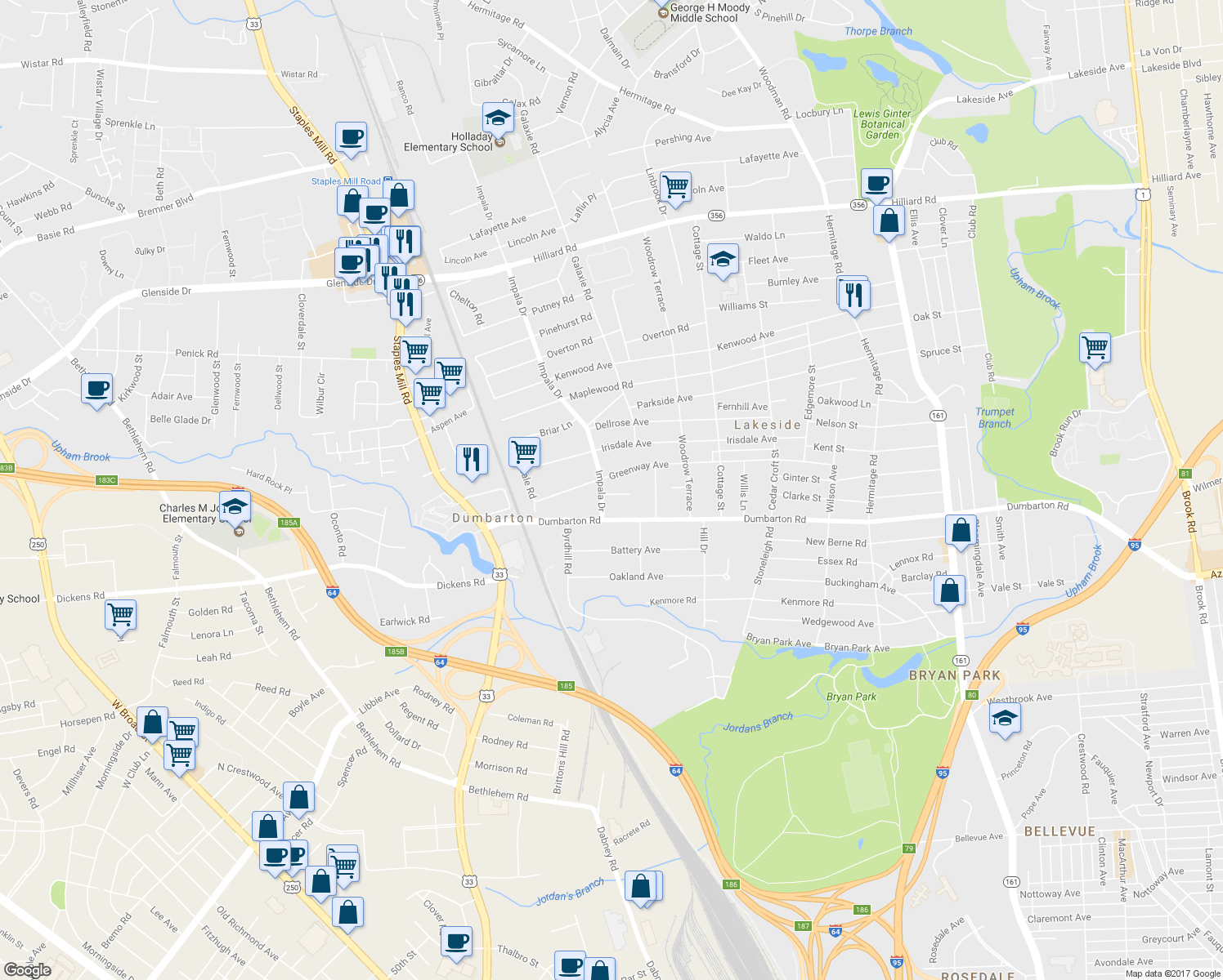 map of restaurants, bars, coffee shops, grocery stores, and more near 2924 Ginter Street in Richmond