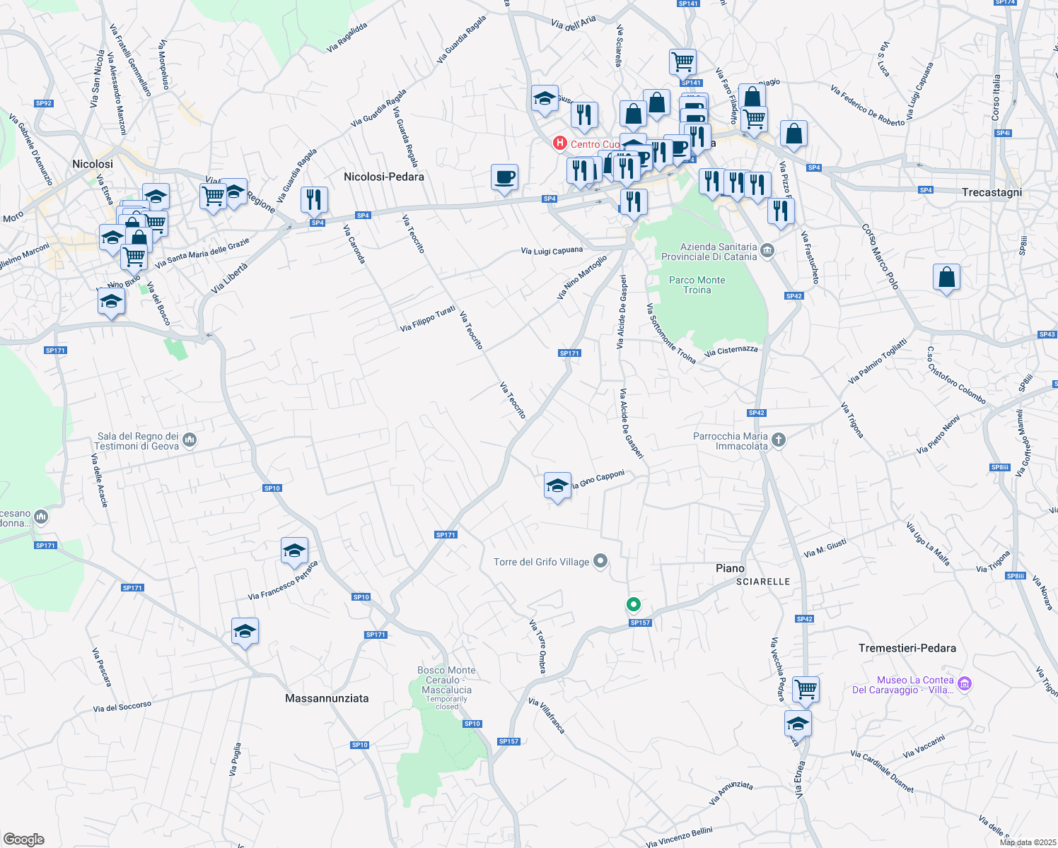 map of restaurants, bars, coffee shops, grocery stores, and more near 45 Via delle Ginestre in Pedara