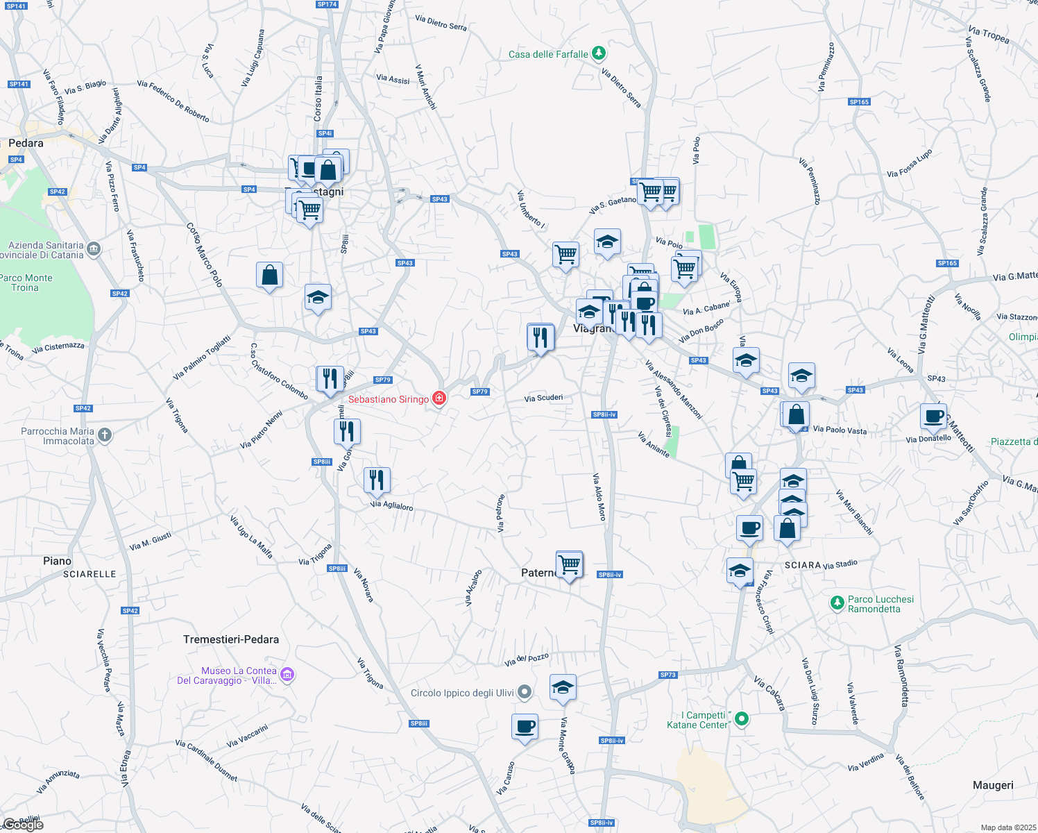 map of restaurants, bars, coffee shops, grocery stores, and more near 5 Via Manganelli in Viagrande