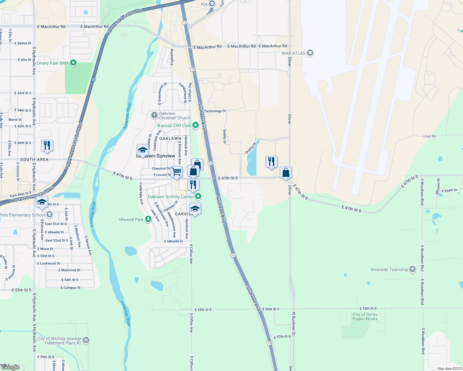 map of restaurants, bars, coffee shops, grocery stores, and more near 4113 Jonquil Street in Wichita