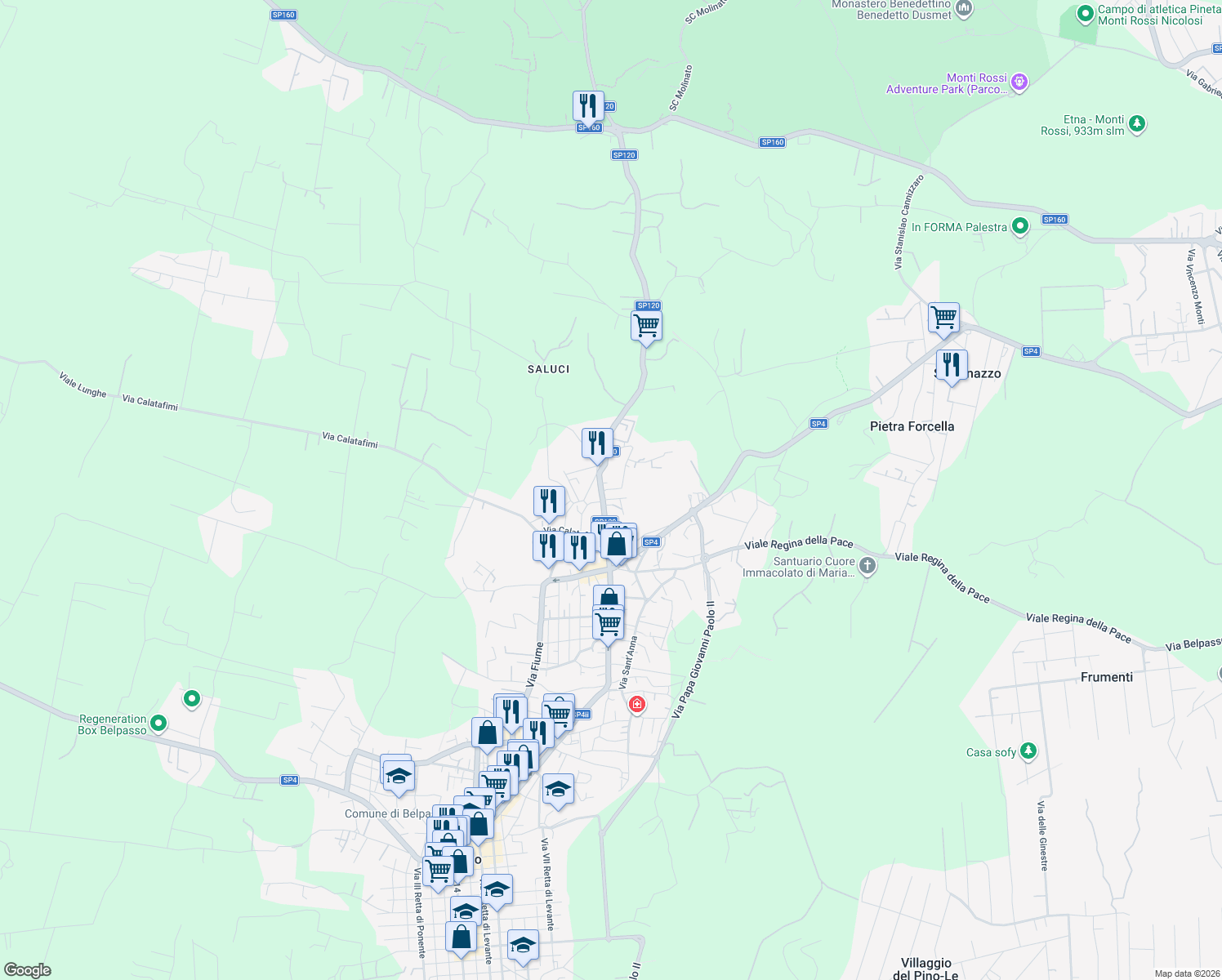 map of restaurants, bars, coffee shops, grocery stores, and more near 101 Strada Provinciale 120 in Belpasso