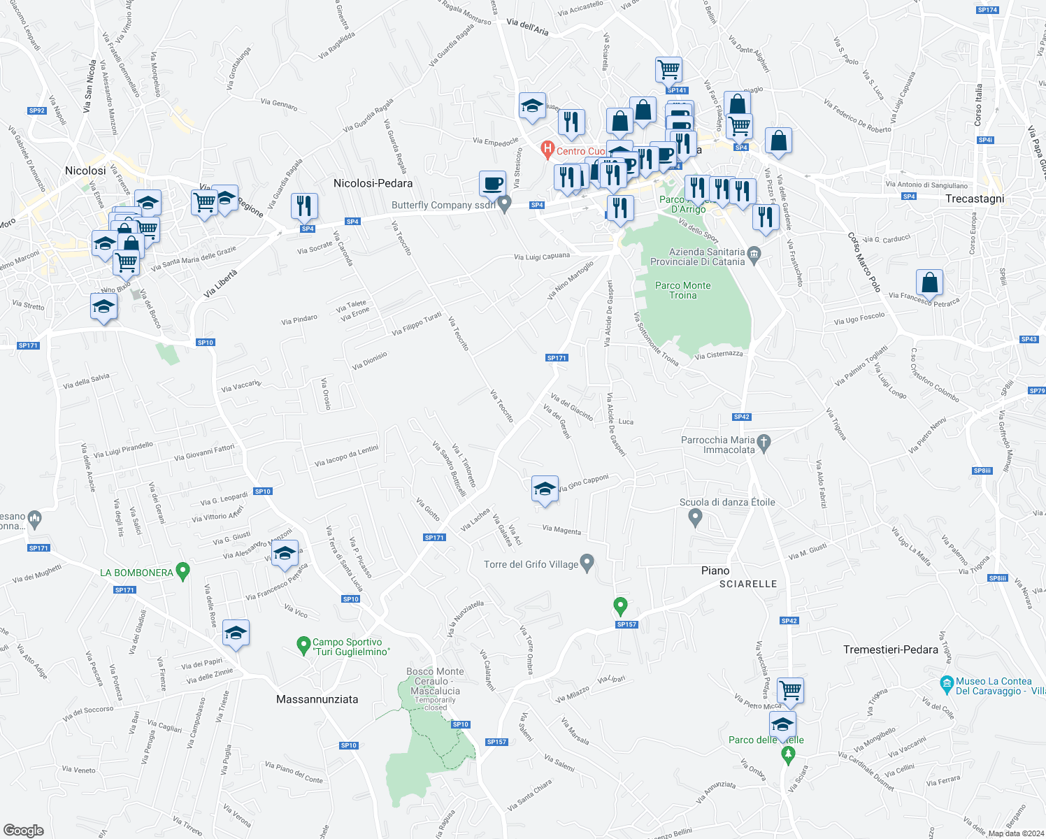map of restaurants, bars, coffee shops, grocery stores, and more near 45 Via delle Ginestre in Pedara