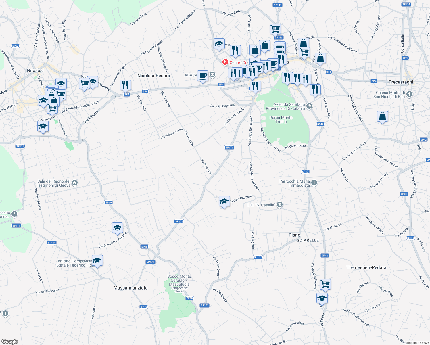 map of restaurants, bars, coffee shops, grocery stores, and more near 45 Via delle Ginestre in Pedara