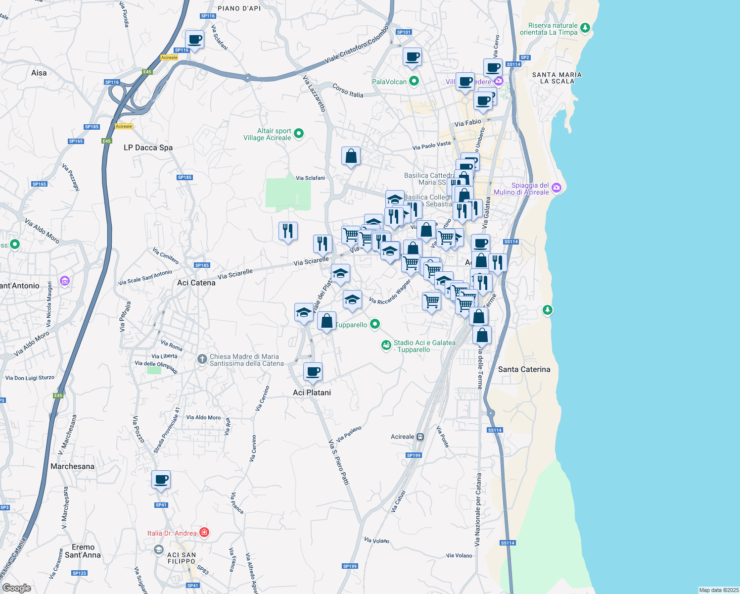 map of restaurants, bars, coffee shops, grocery stores, and more near 32 Via Riccardo Wagner in Acireale