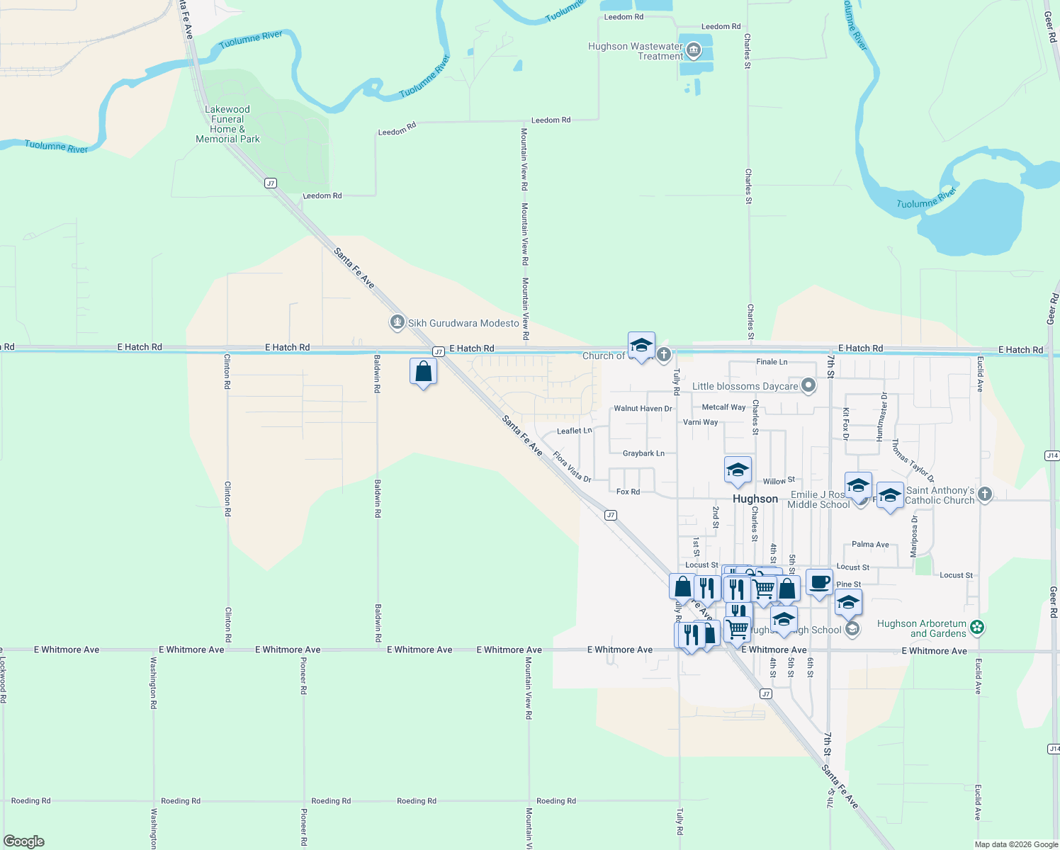 map of restaurants, bars, coffee shops, grocery stores, and more near 1701 Flora Vista Drive in Hughson