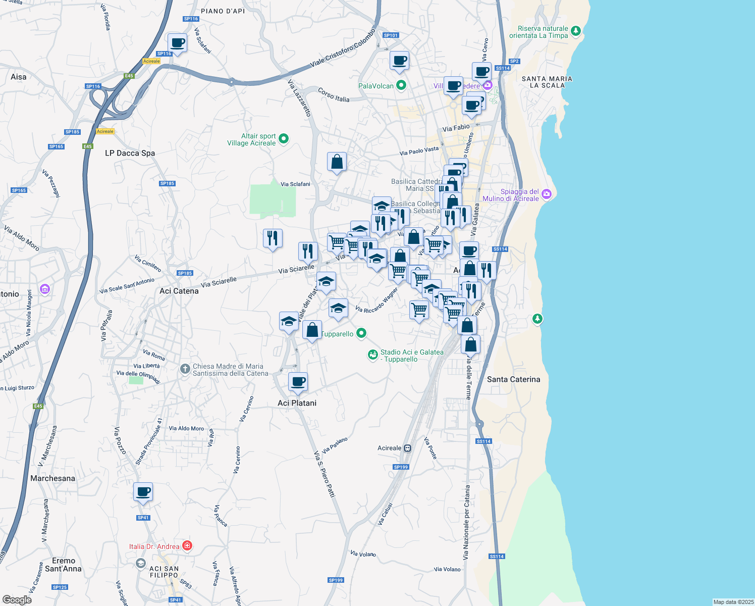 map of restaurants, bars, coffee shops, grocery stores, and more near 32 Via Riccardo Wagner in Acireale
