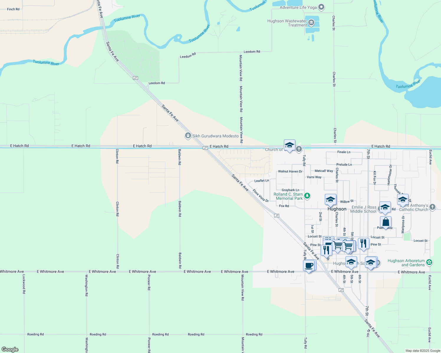 map of restaurants, bars, coffee shops, grocery stores, and more near 1701 Santa Fe Avenue in Hughson