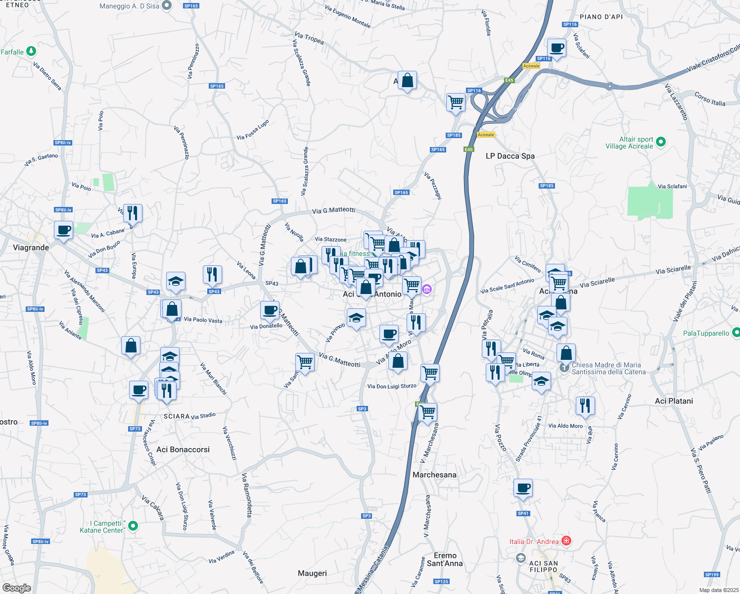 map of restaurants, bars, coffee shops, grocery stores, and more near in Aci Sant'Antonio
