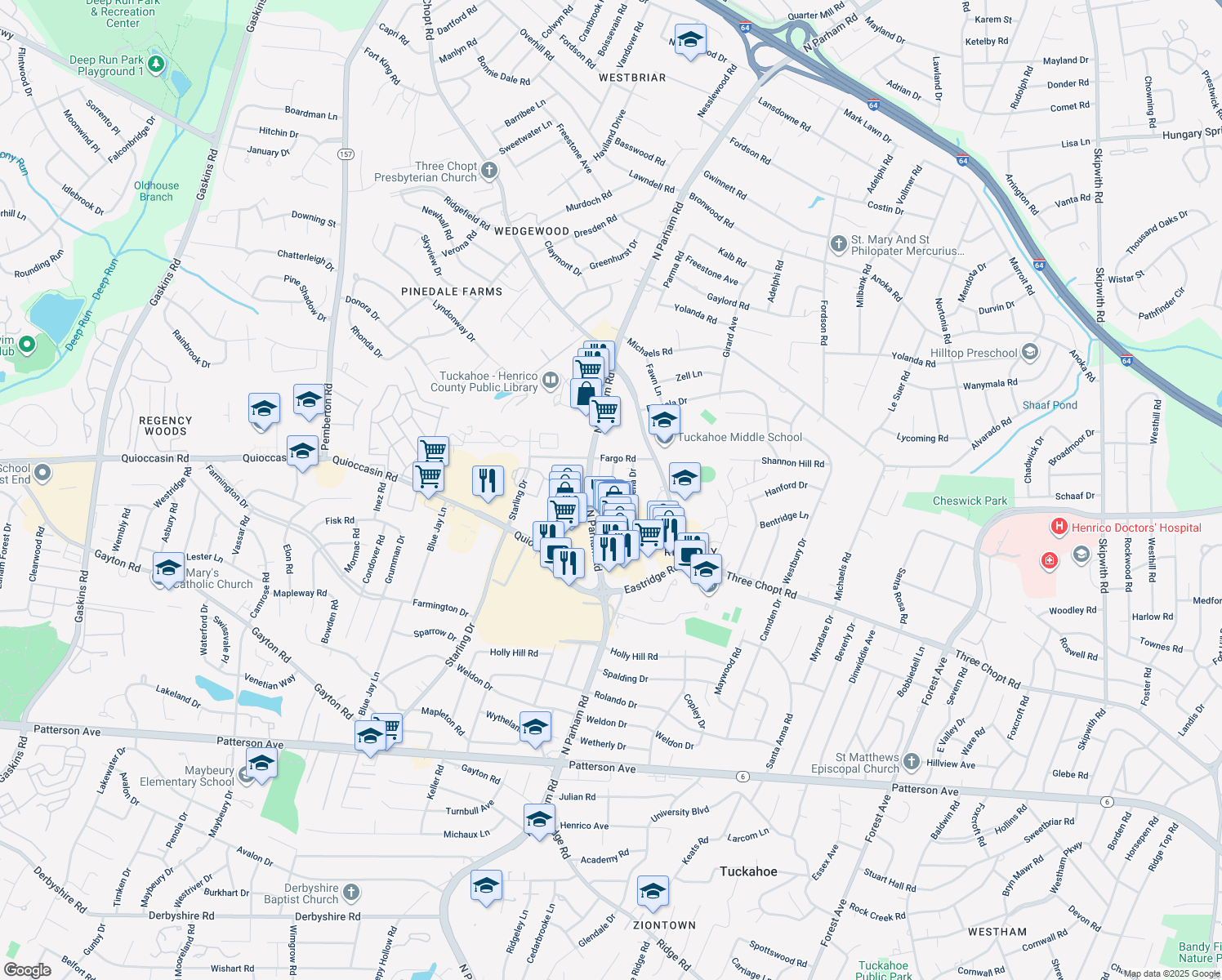 map of restaurants, bars, coffee shops, grocery stores, and more near 1602 Renmark Road in Henrico