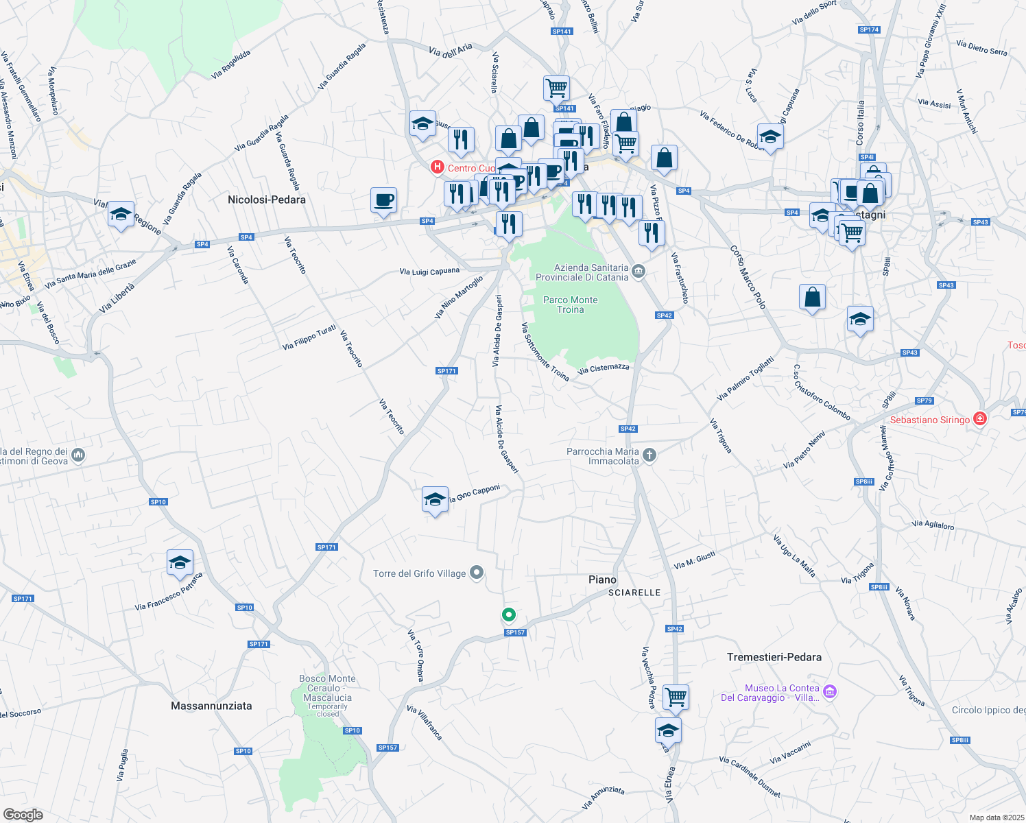 map of restaurants, bars, coffee shops, grocery stores, and more near 10 Vicolo Pietro Nenni in Pedara