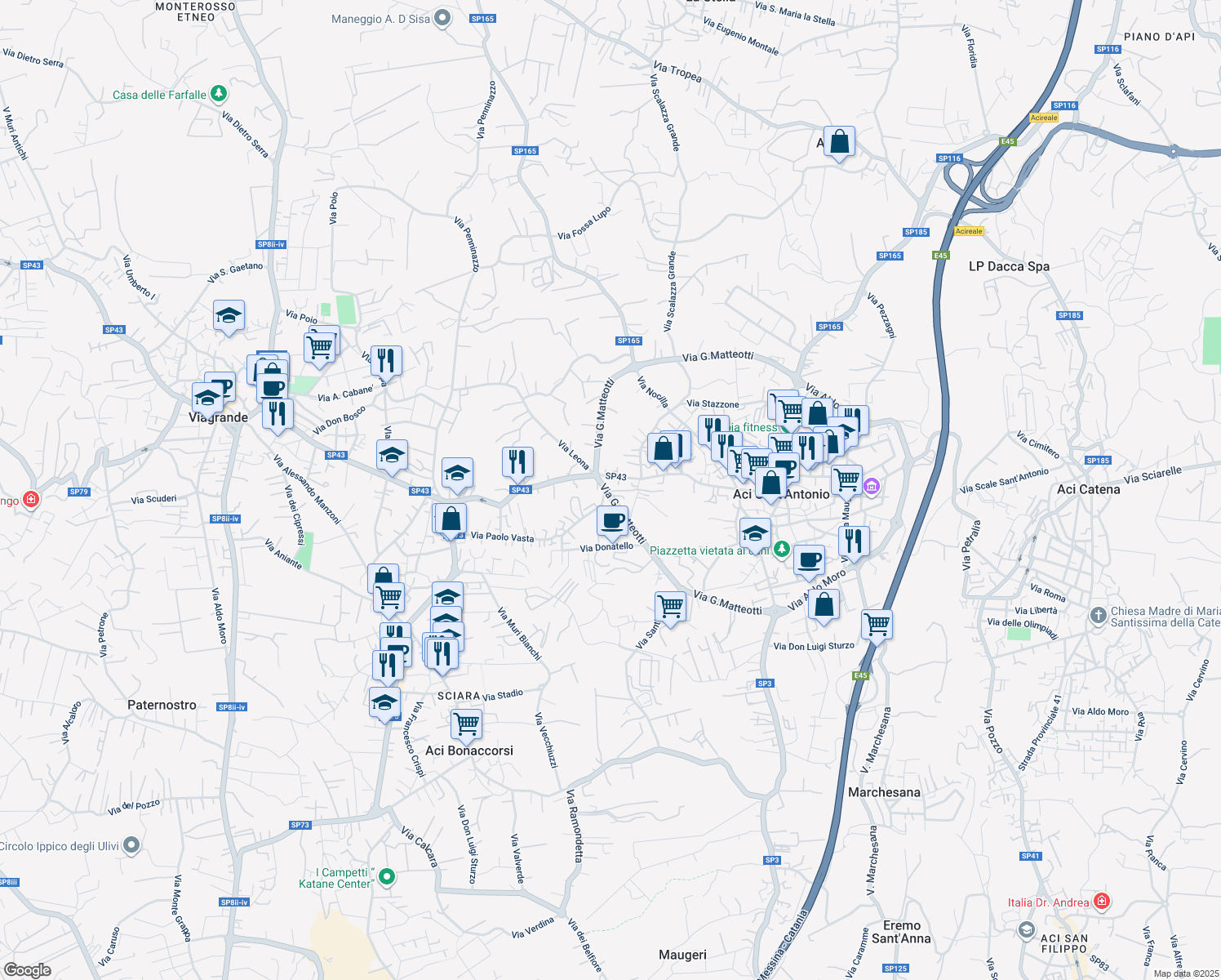 map of restaurants, bars, coffee shops, grocery stores, and more near 90 Via G. Matteotti in Aci Sant'Antonio