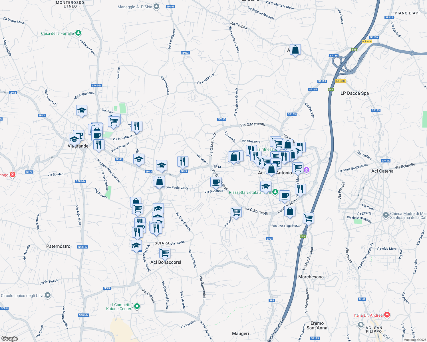 map of restaurants, bars, coffee shops, grocery stores, and more near 90 Via G. Matteotti in Aci Sant'Antonio