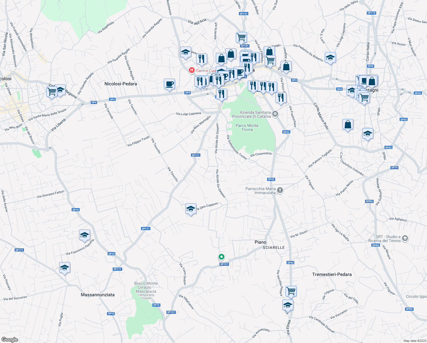 map of restaurants, bars, coffee shops, grocery stores, and more near 9 Via Dei Girasoli in Pedara