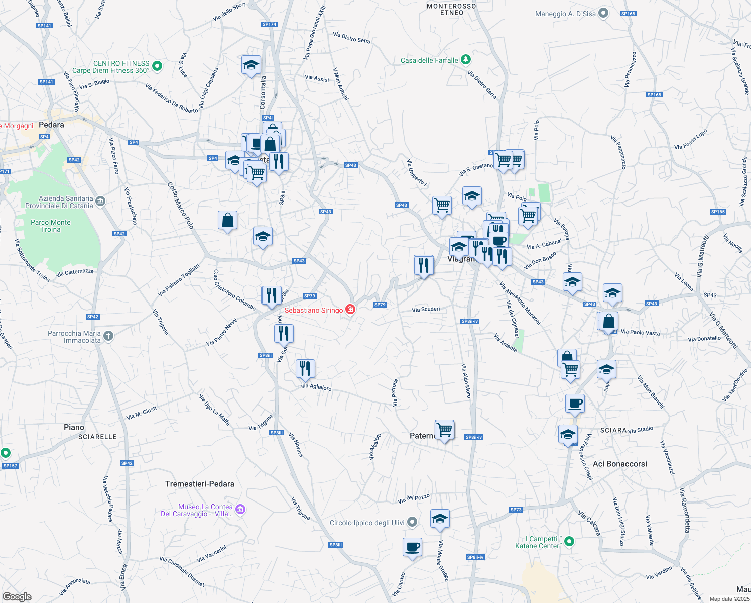 map of restaurants, bars, coffee shops, grocery stores, and more near 21 Via Caronda in Viagrande