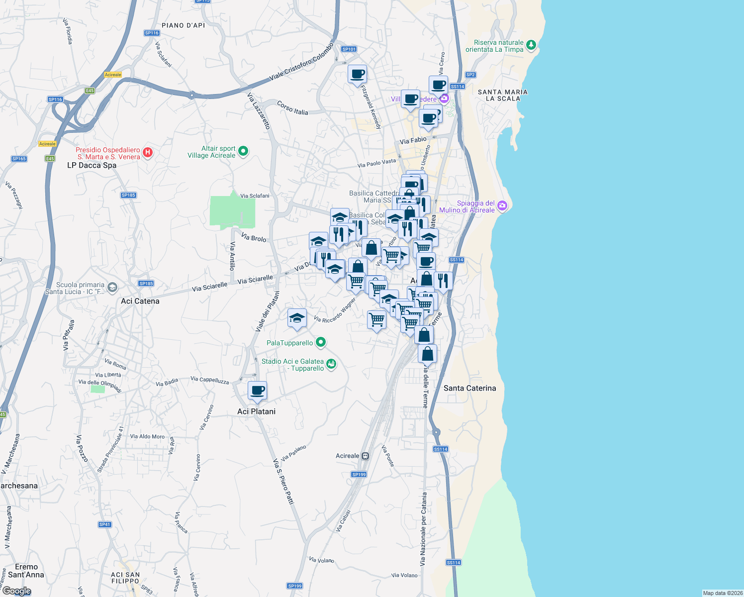 map of restaurants, bars, coffee shops, grocery stores, and more near 103 Via Salvatore Vigo in Acireale
