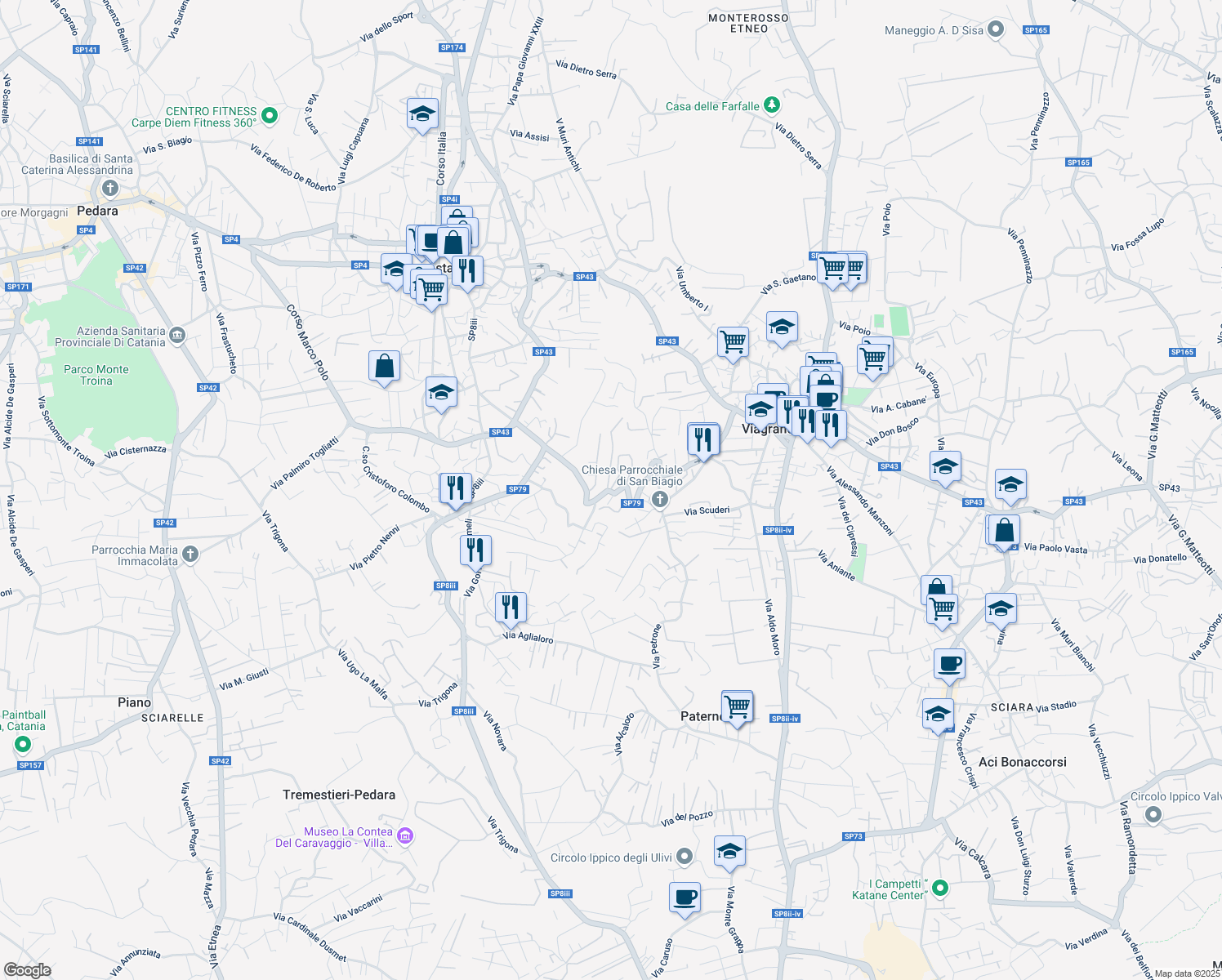map of restaurants, bars, coffee shops, grocery stores, and more near 21 Via Caronda in Viagrande