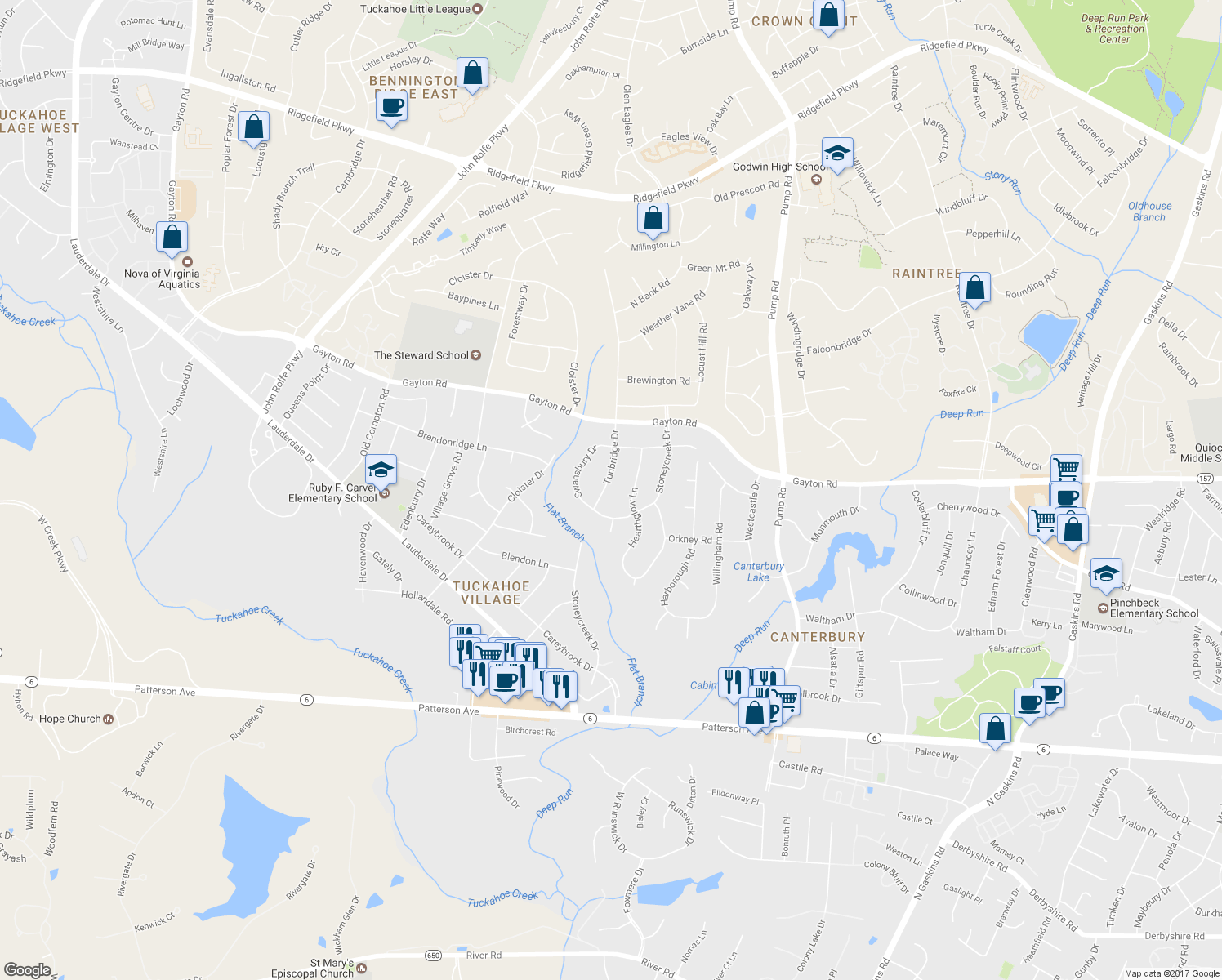 map of restaurants, bars, coffee shops, grocery stores, and more near 1605 Tunbridge Drive in Richmond