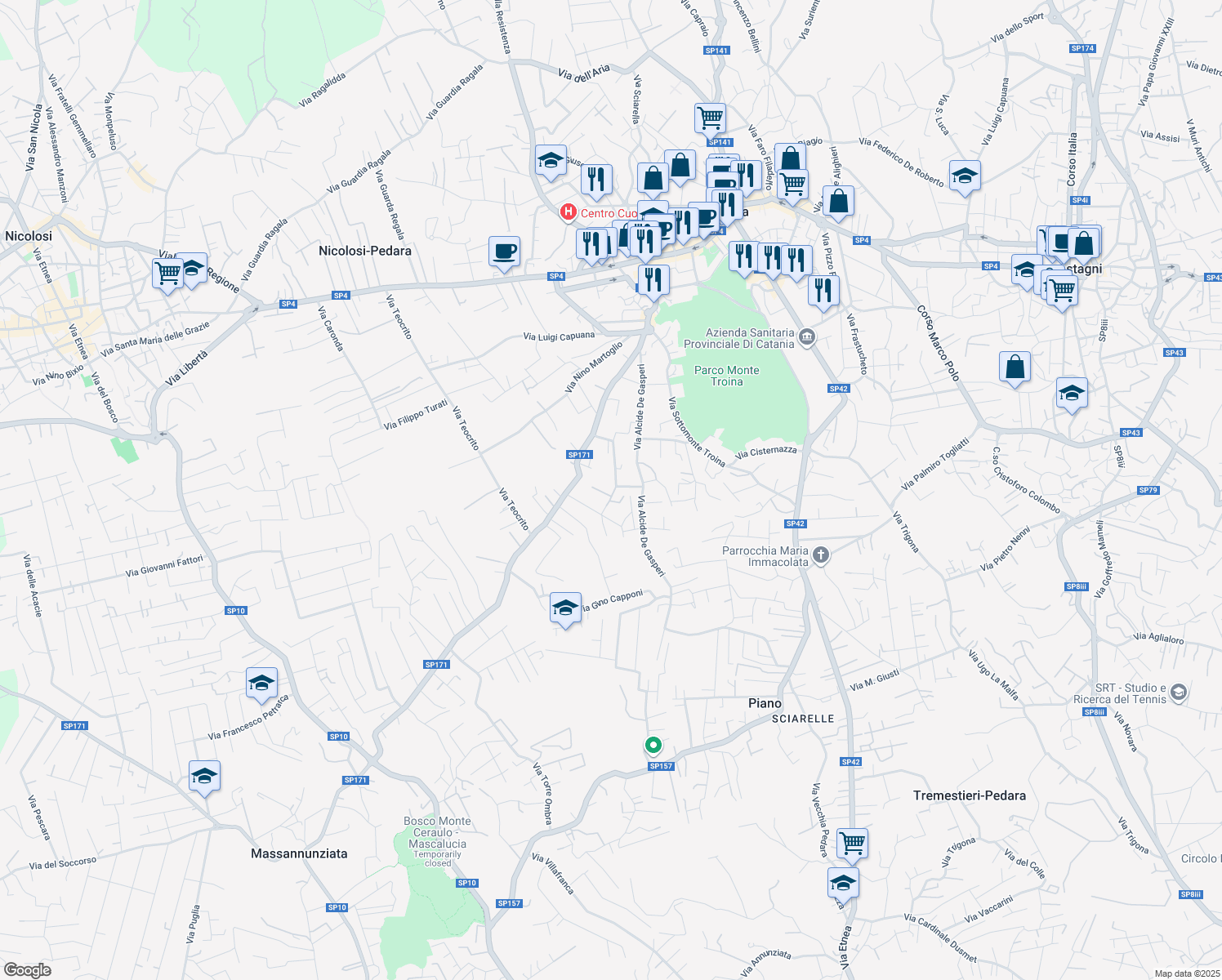 map of restaurants, bars, coffee shops, grocery stores, and more near 9 Via Dei Girasoli in Pedara
