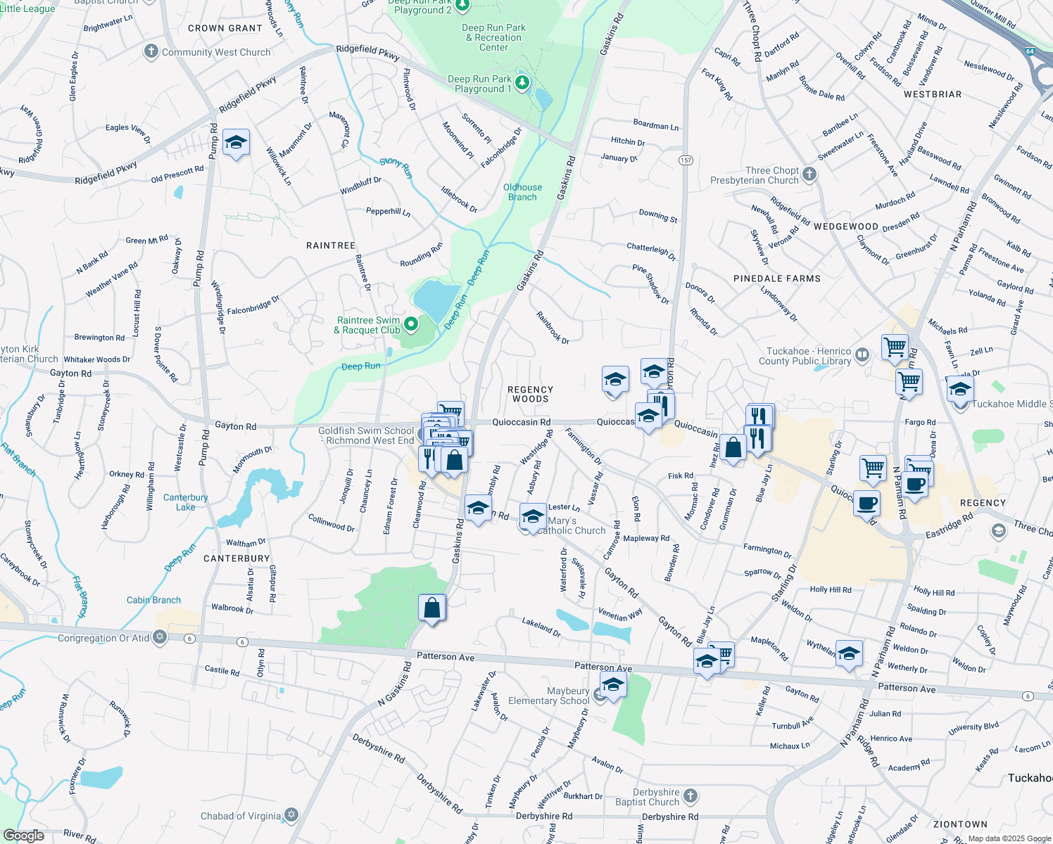 map of restaurants, bars, coffee shops, grocery stores, and more near 9623 Quioccasin Road in Henrico