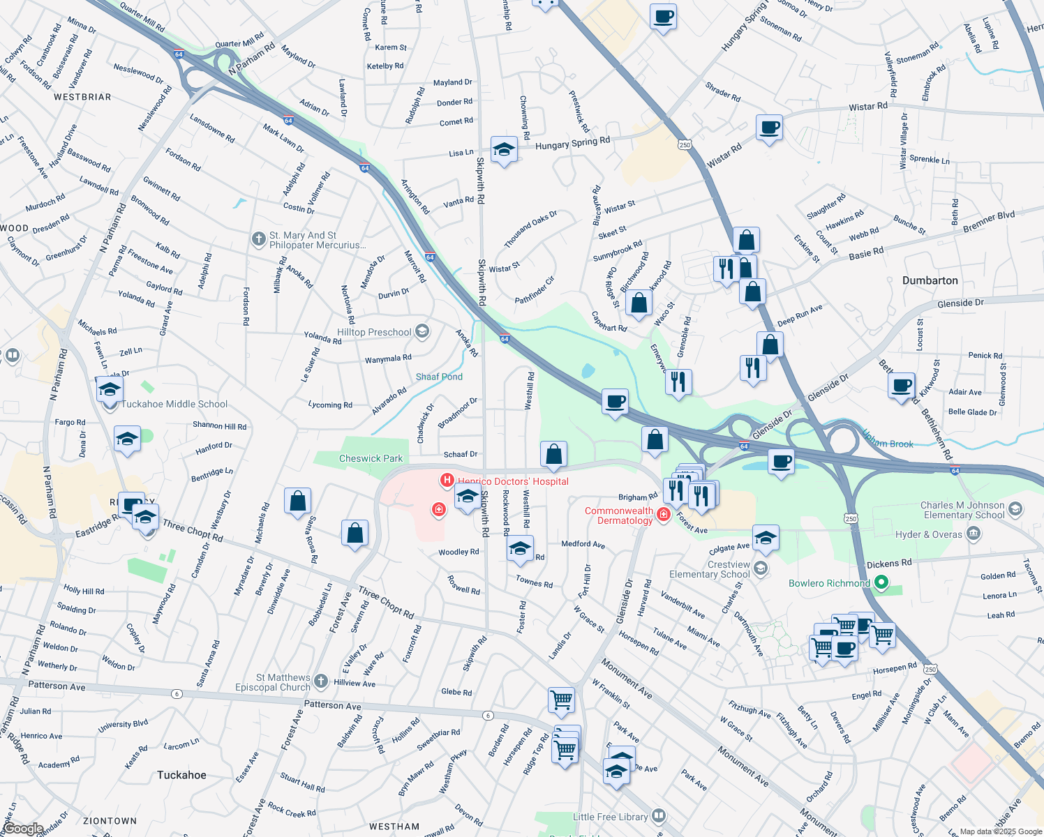 map of restaurants, bars, coffee shops, grocery stores, and more near 1726 Westhill Road in Richmond