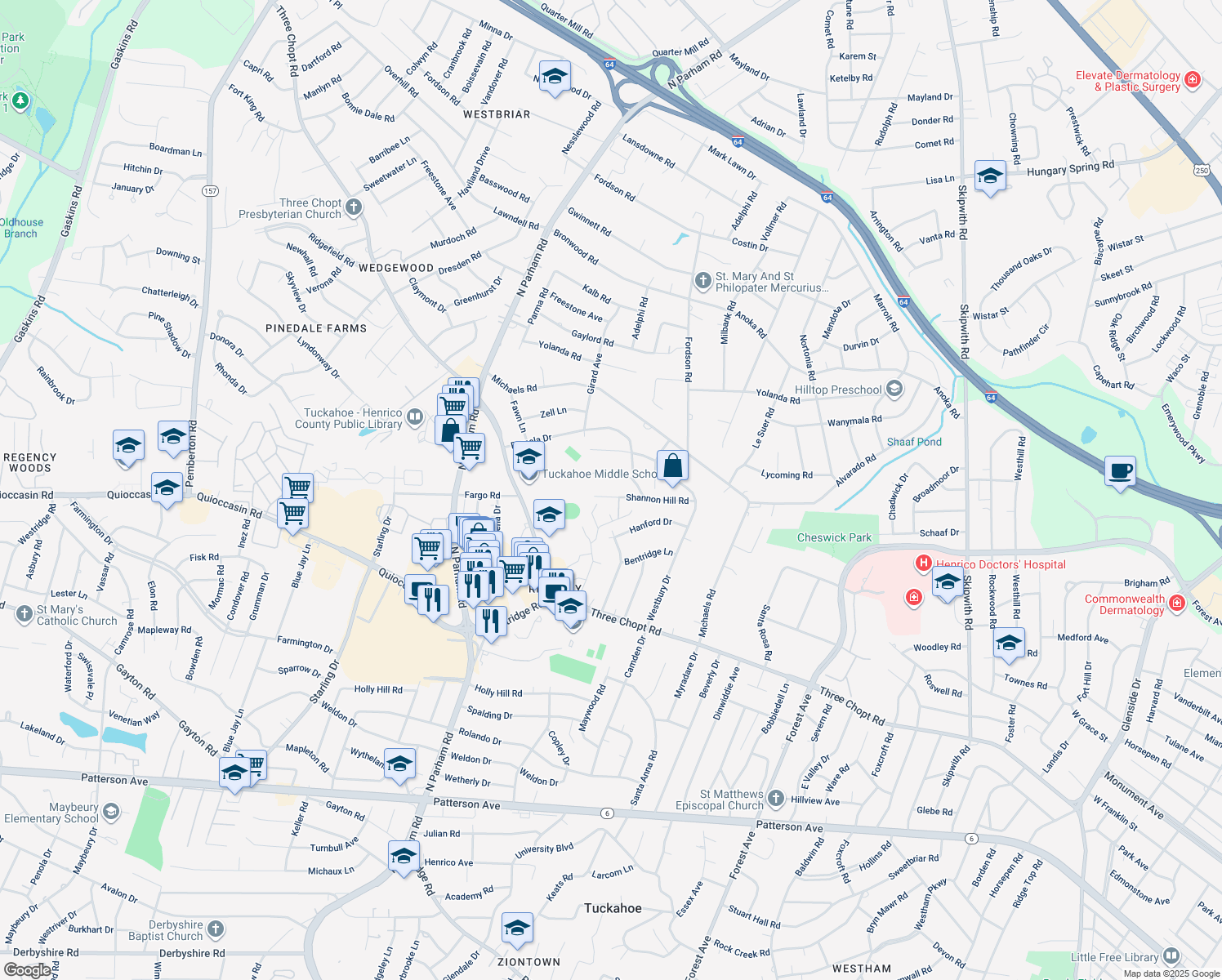 map of restaurants, bars, coffee shops, grocery stores, and more near 8308 Shannon Hill Rd in Henrico