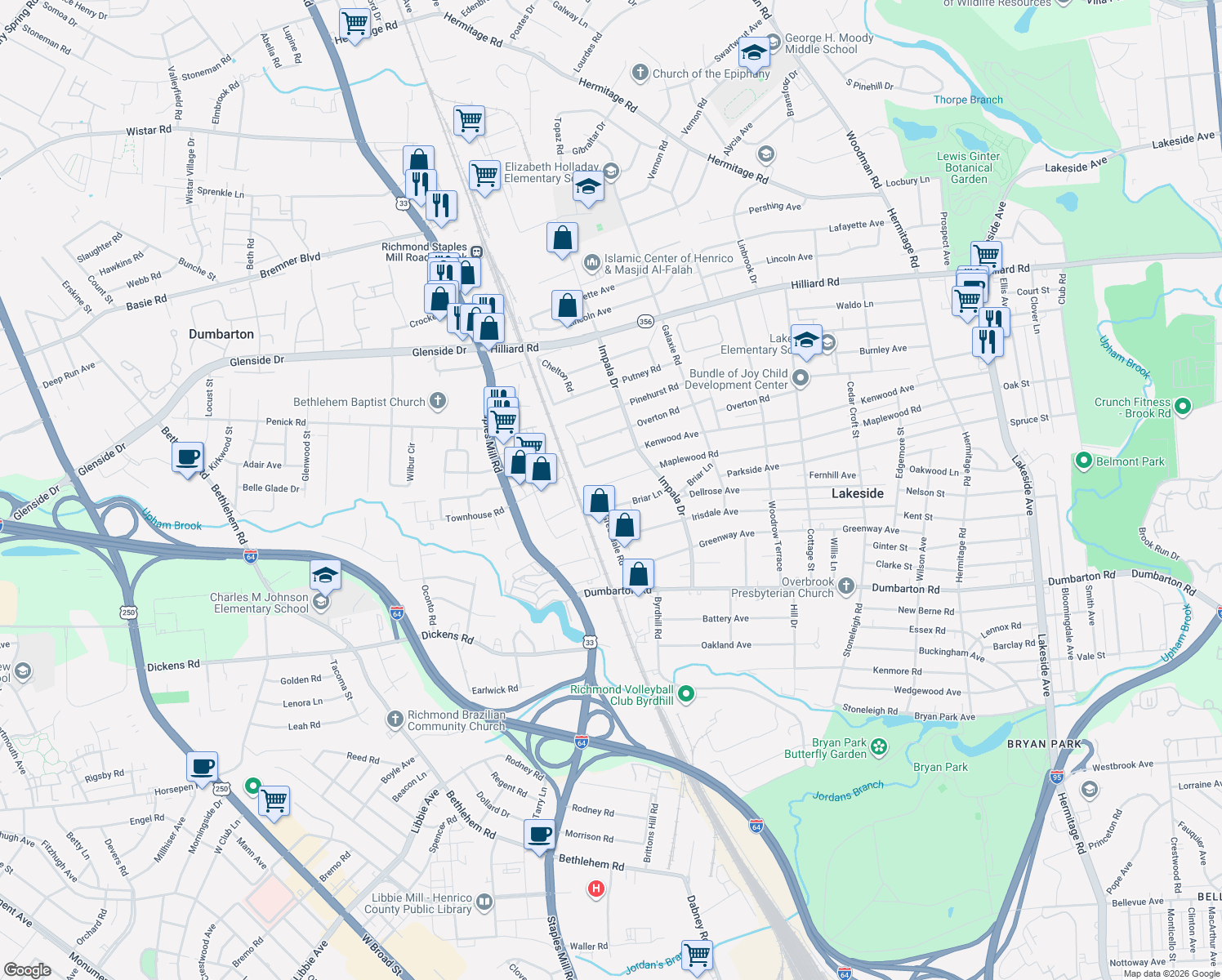 map of restaurants, bars, coffee shops, grocery stores, and more near 3019 Maplewood Rd in Richmond