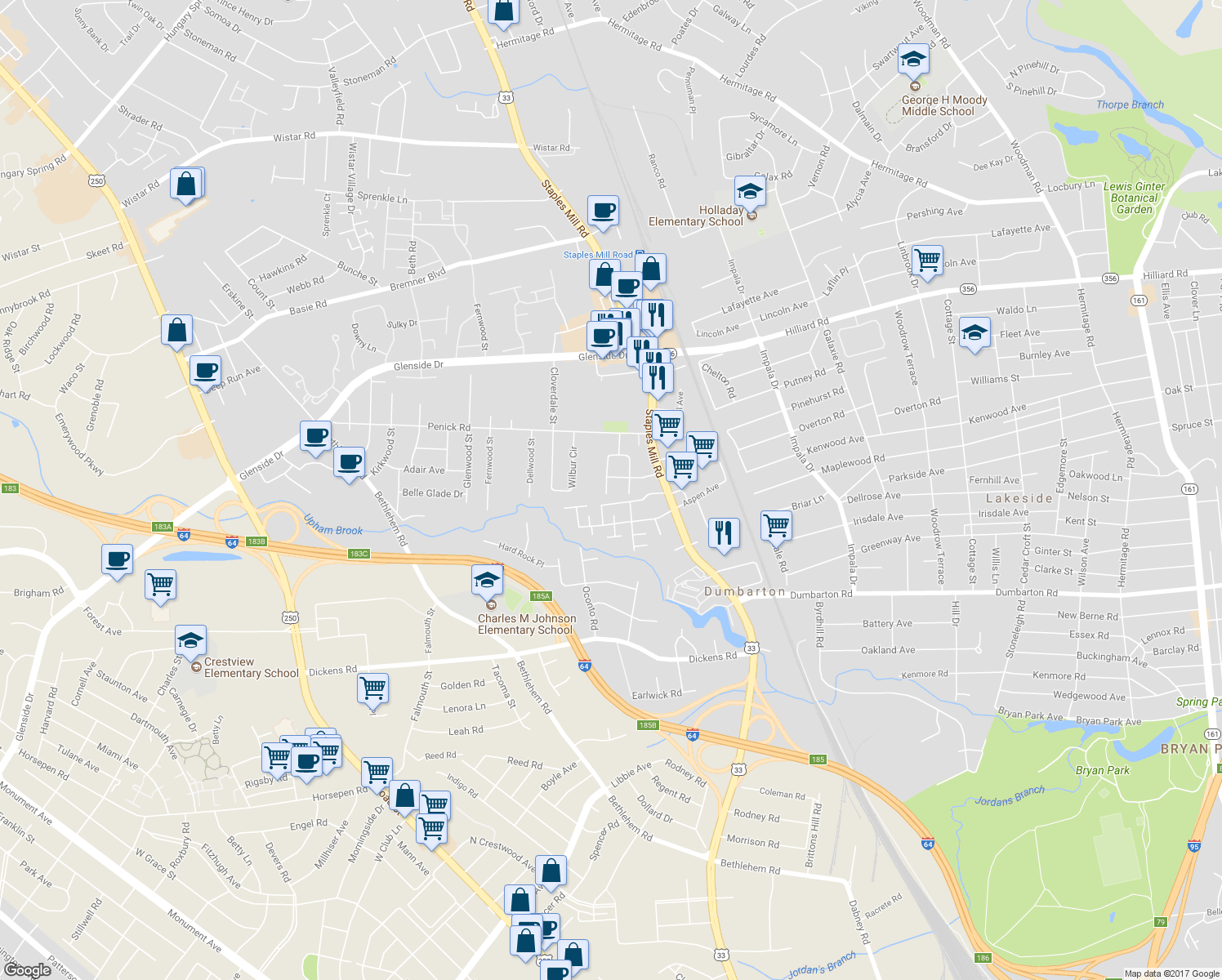map of restaurants, bars, coffee shops, grocery stores, and more near 6611 West Davista Avenue in Richmond