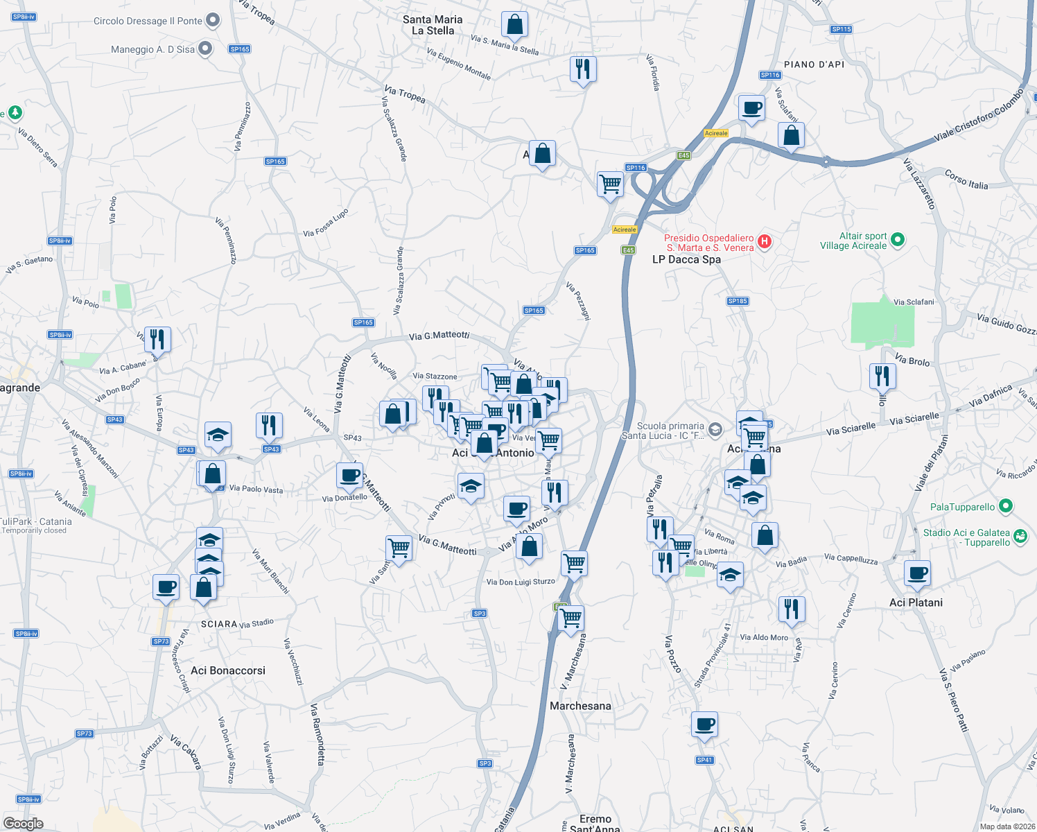 map of restaurants, bars, coffee shops, grocery stores, and more near 28 Via Marco Polo in Aci Sant'Antonio