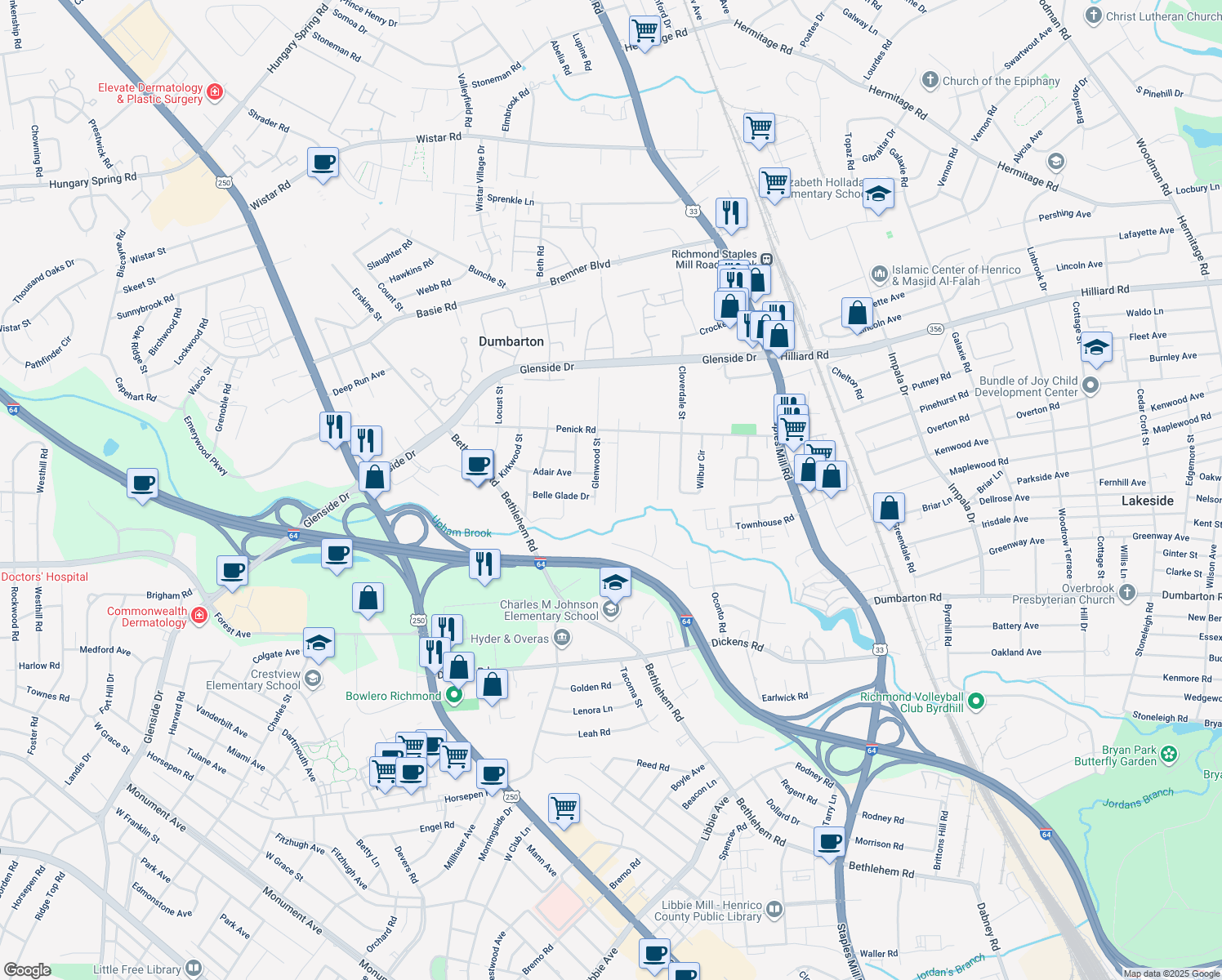 map of restaurants, bars, coffee shops, grocery stores, and more near 6614 Fernwood Street in Richmond