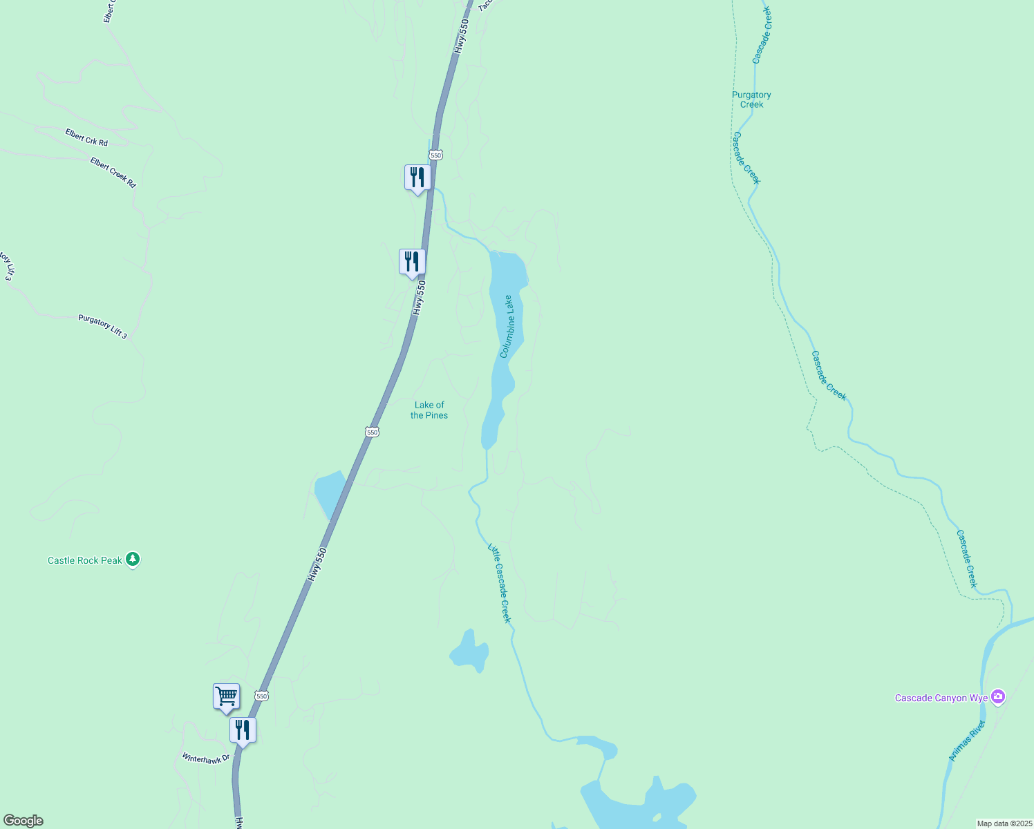 map of restaurants, bars, coffee shops, grocery stores, and more near Lake Purgatory Drive in La Plata County