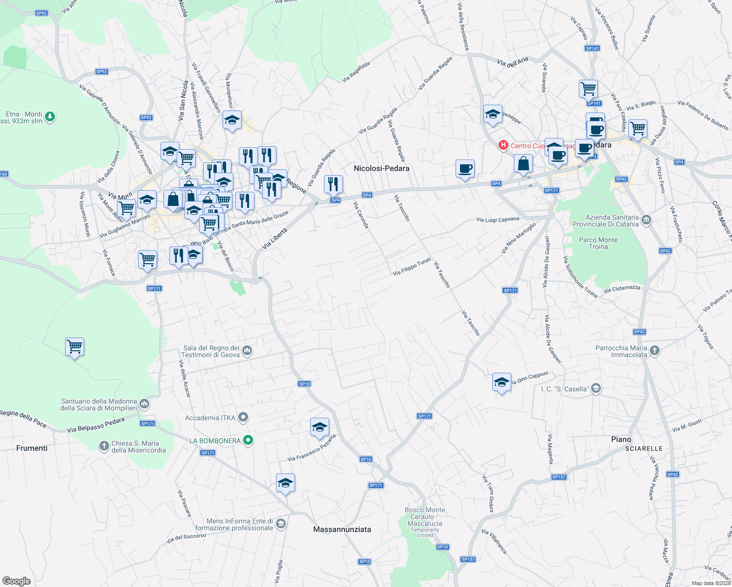 map of restaurants, bars, coffee shops, grocery stores, and more near 19 Via Dionisio in Mascalucia