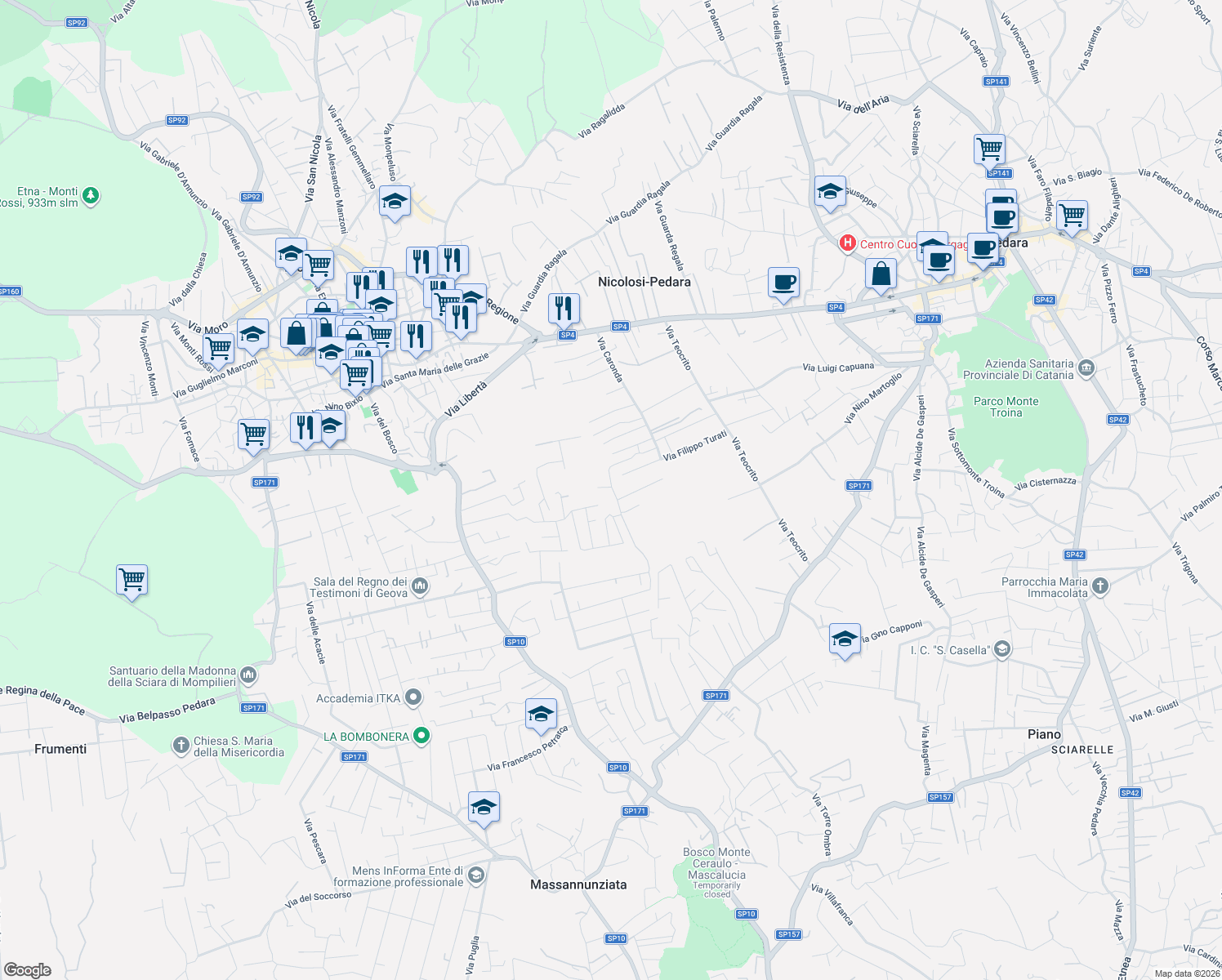 map of restaurants, bars, coffee shops, grocery stores, and more near 19 Via Dionisio in Mascalucia