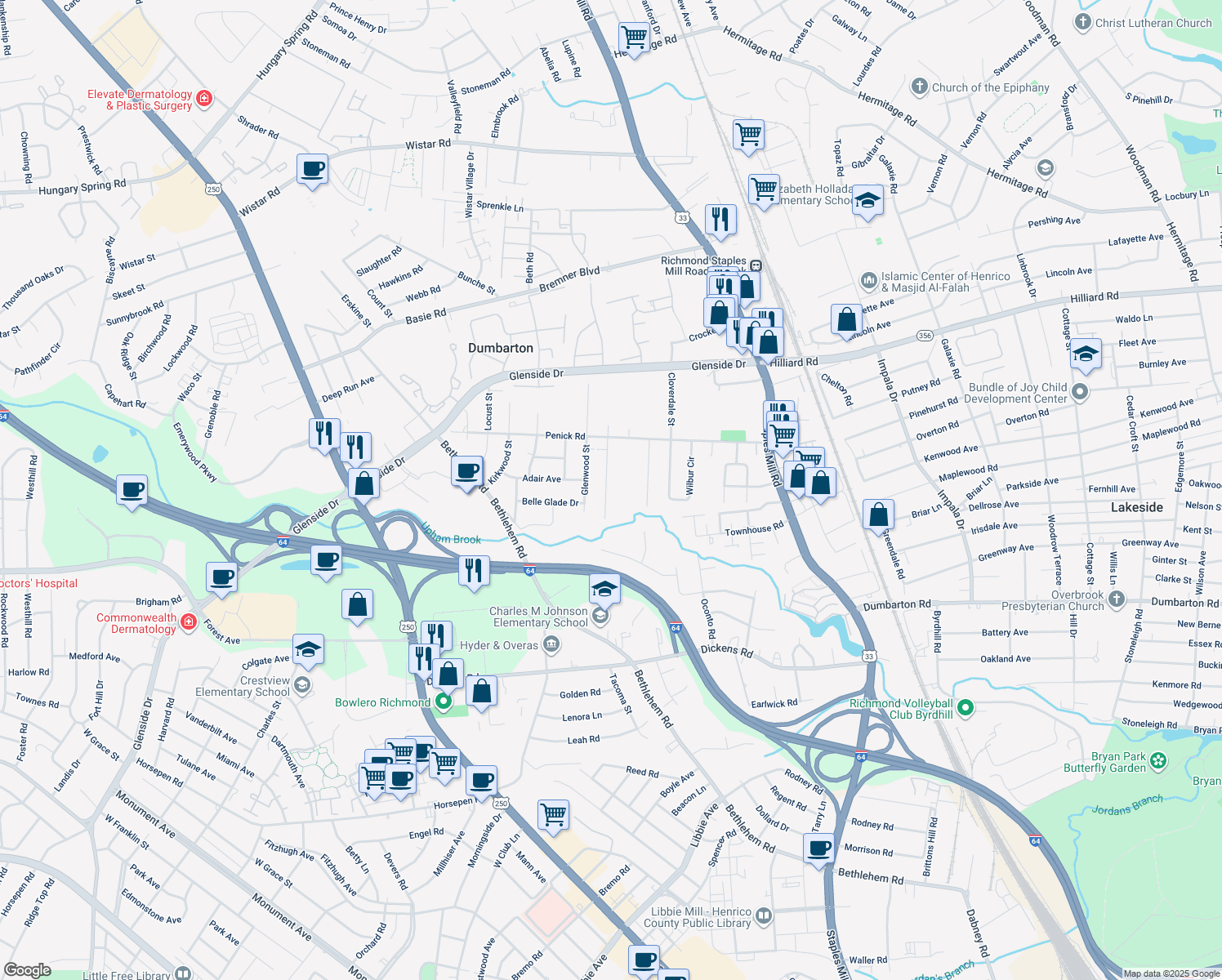 map of restaurants, bars, coffee shops, grocery stores, and more near 6617 Fernwood Street in Henrico