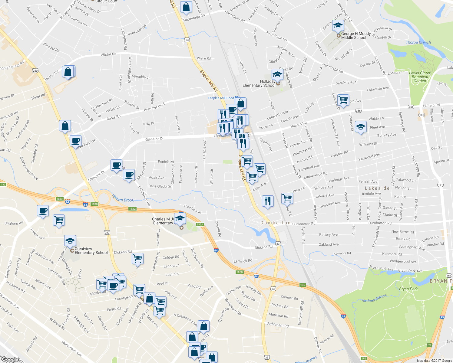 map of restaurants, bars, coffee shops, grocery stores, and more near 6617 West Davista Avenue in Richmond