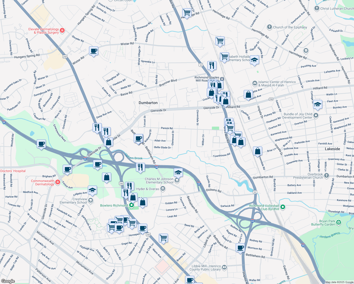map of restaurants, bars, coffee shops, grocery stores, and more near 6622 Fernwood Street in Henrico